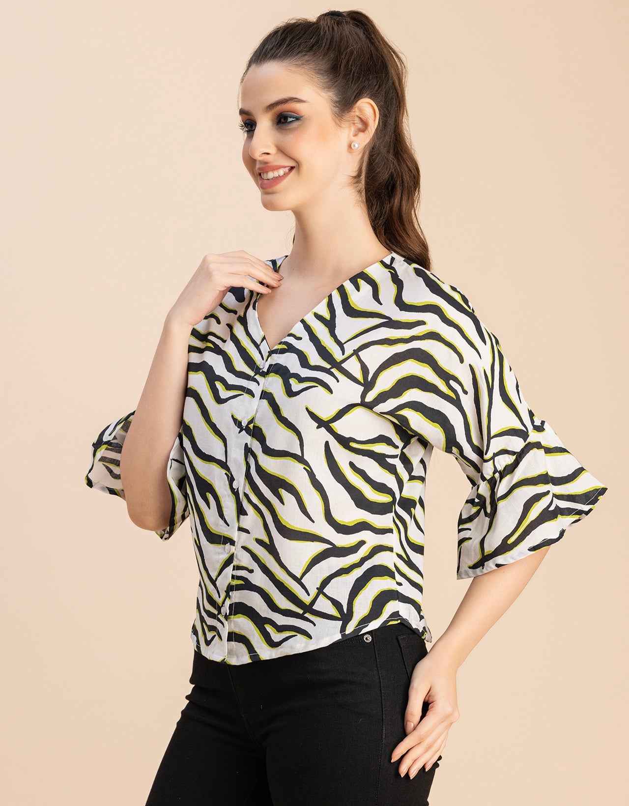 Short Sleeve V Neck Printed Cotton Top