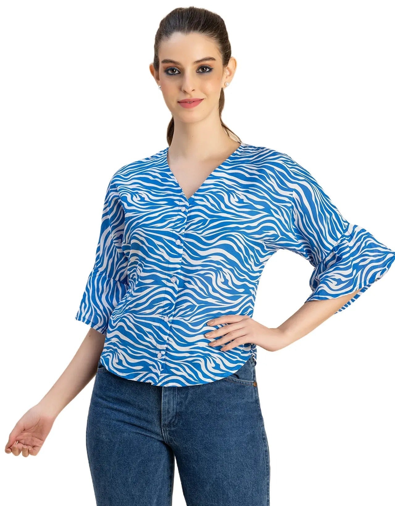 Short Sleeve V Neck Printed Cotton Top