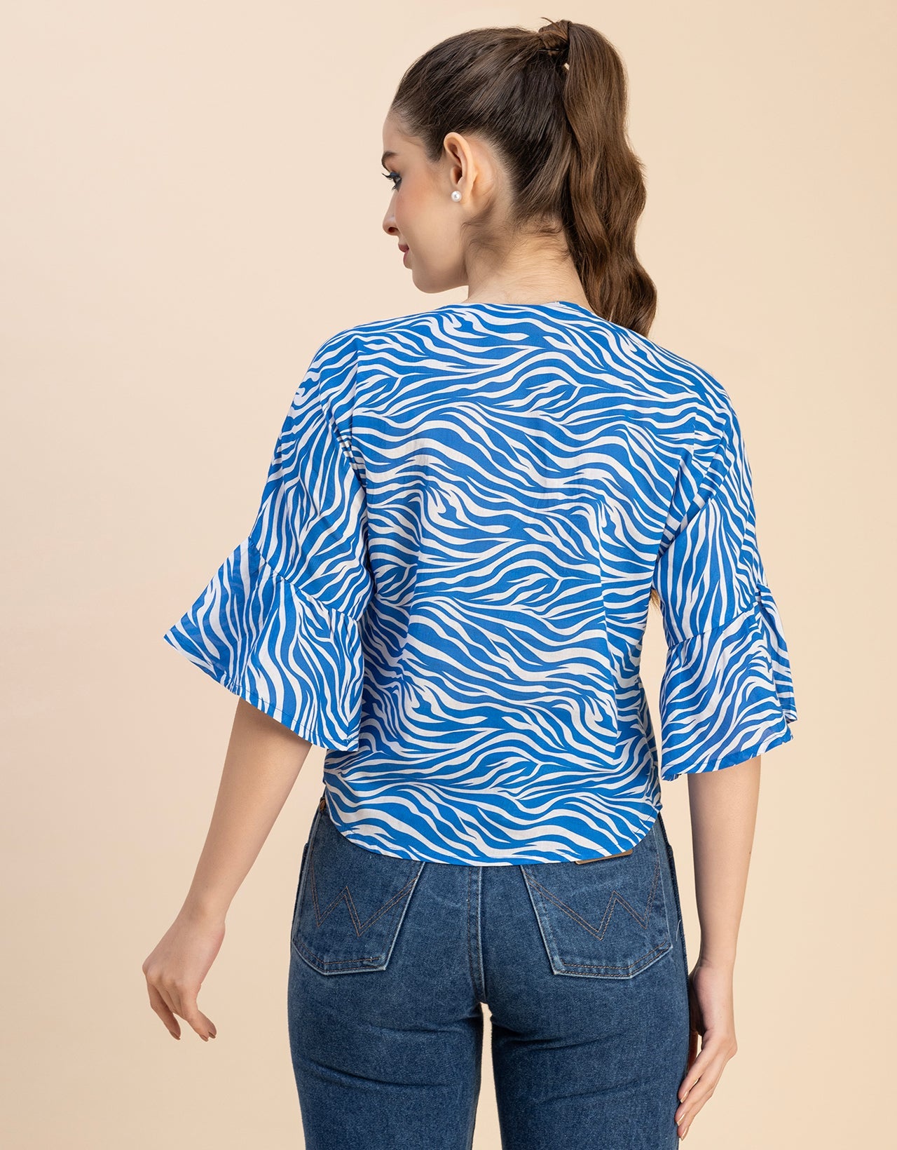 Short Sleeve V Neck Printed Cotton Top