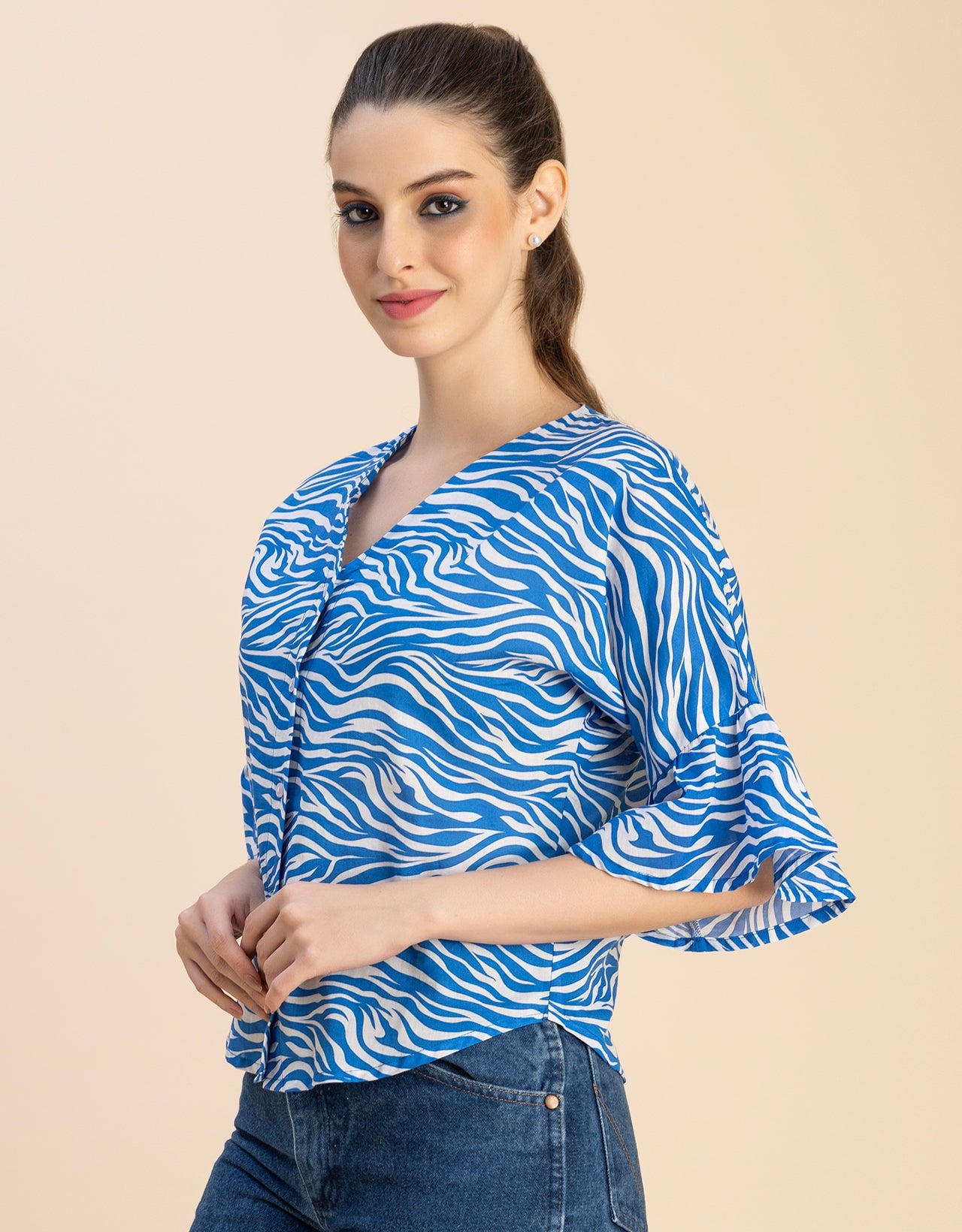Short Sleeve V Neck Printed Cotton Top