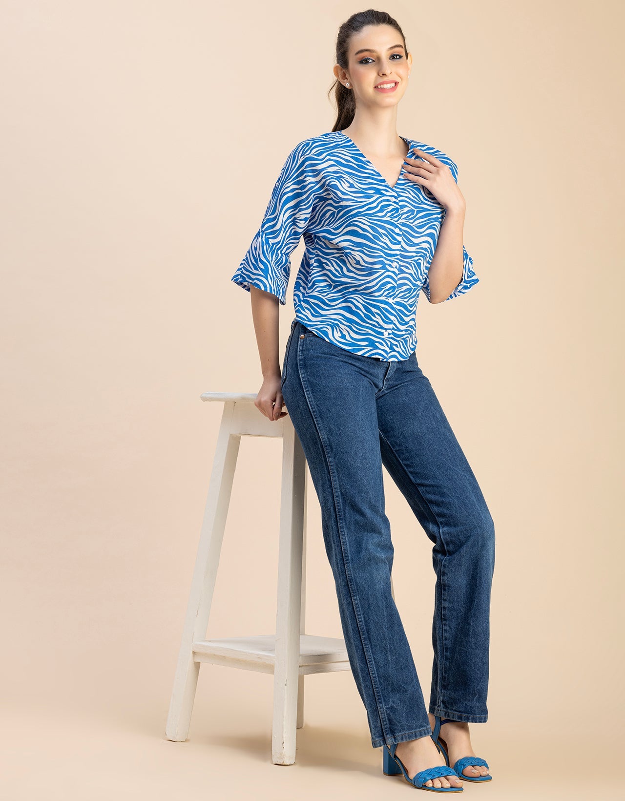 Short Sleeve V Neck Printed Cotton Top