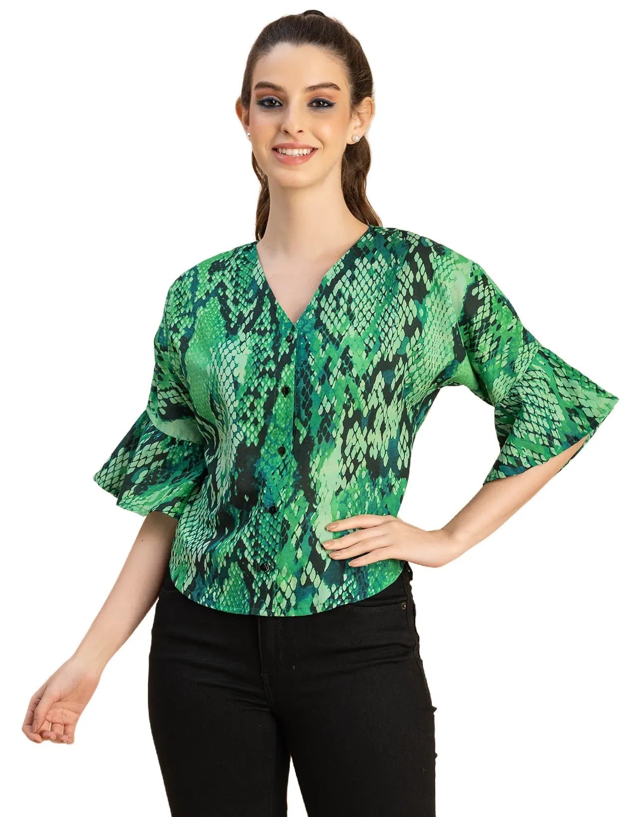 Short Sleeve V Neck Printed Cotton Top