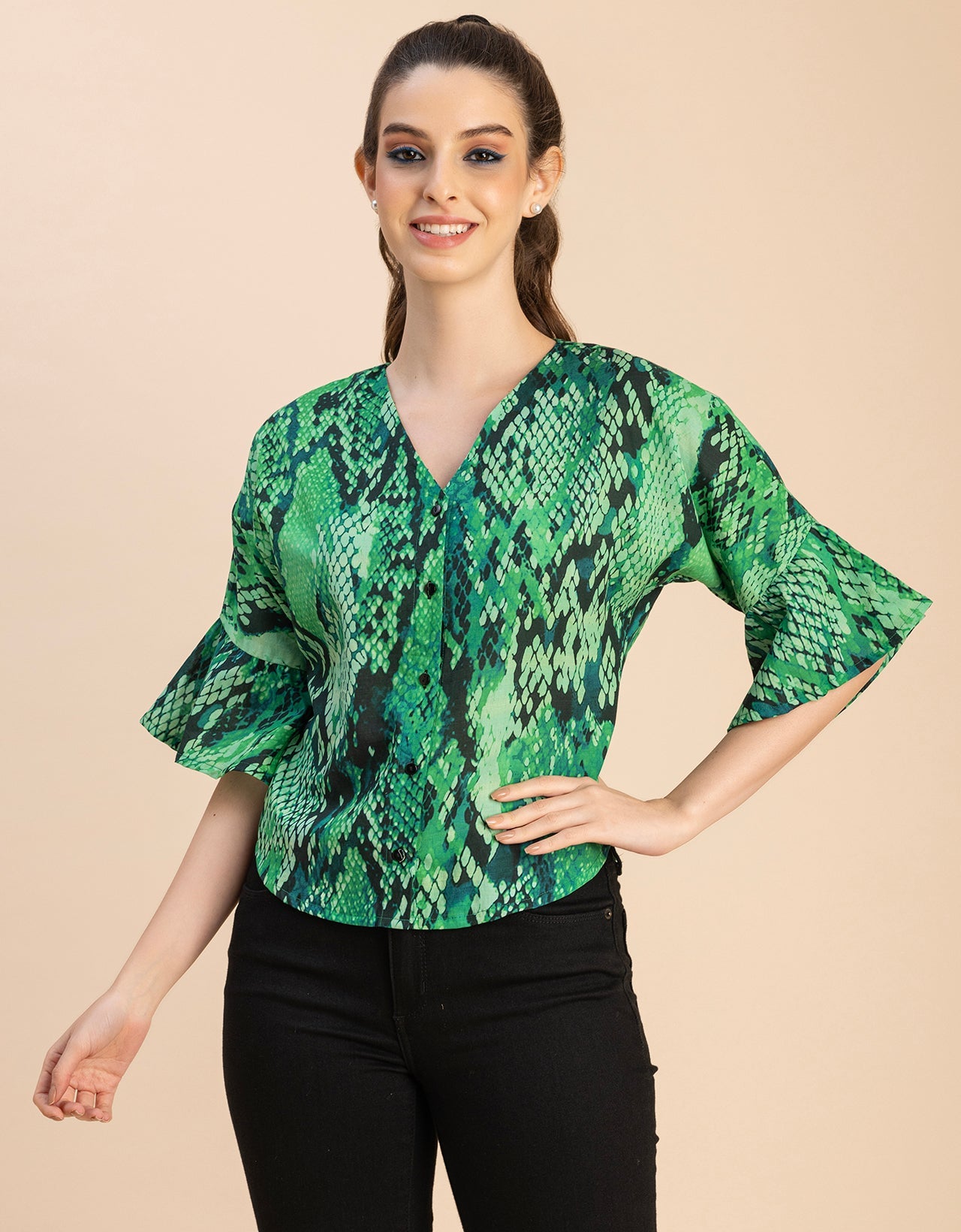 Short Sleeve V Neck Printed Cotton Top