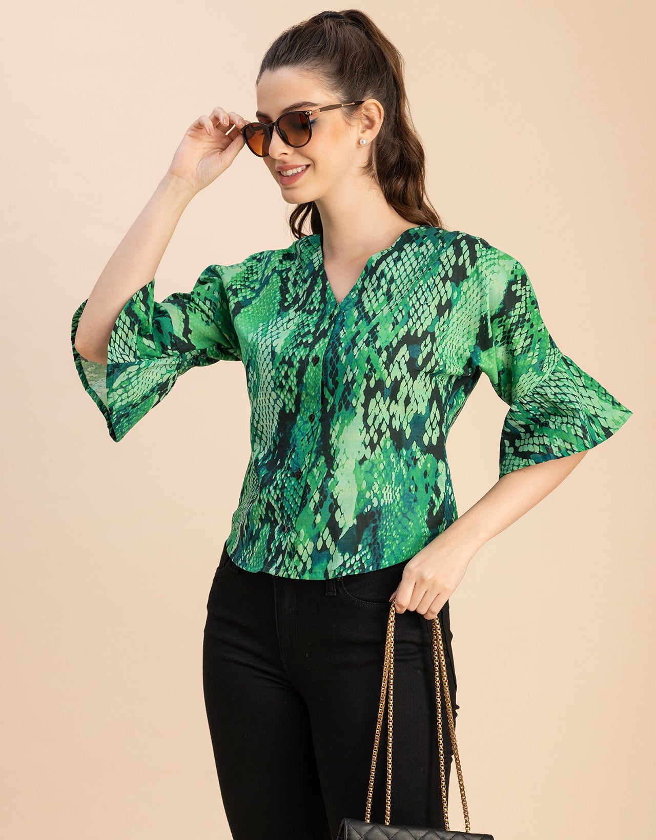 Short Sleeve V Neck Printed Cotton Top