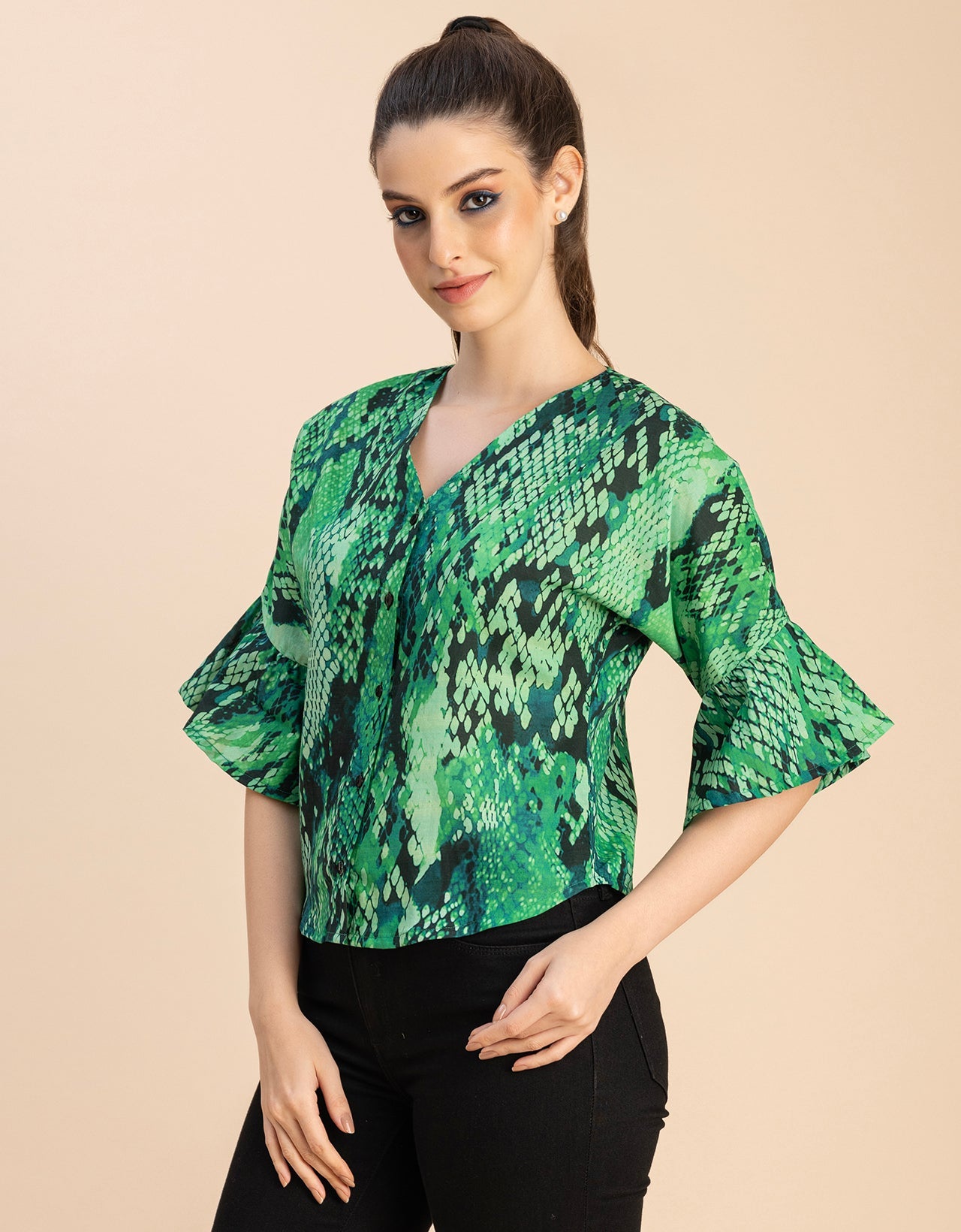 Short Sleeve V Neck Printed Cotton Top