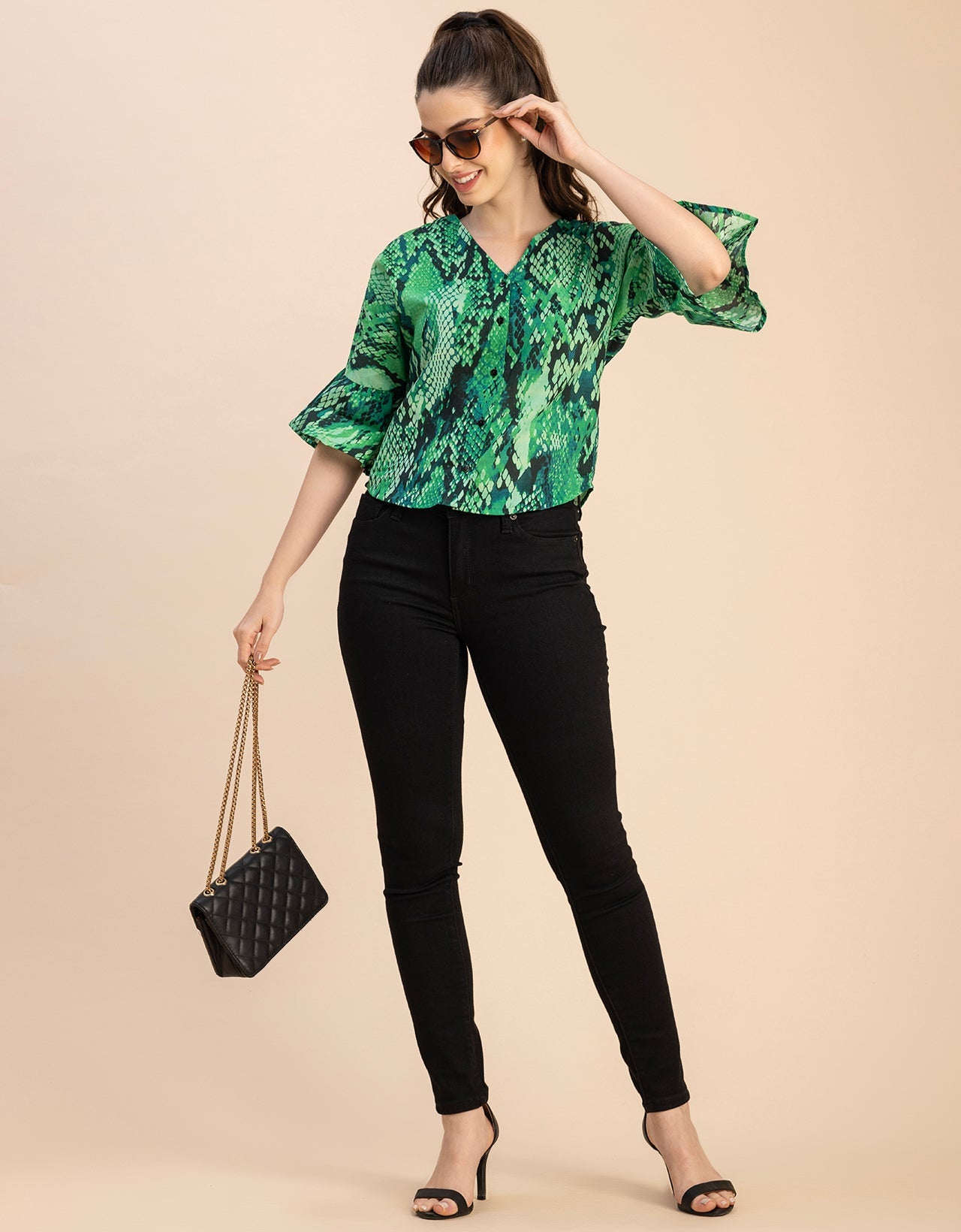 Short Sleeve V Neck Printed Cotton Top