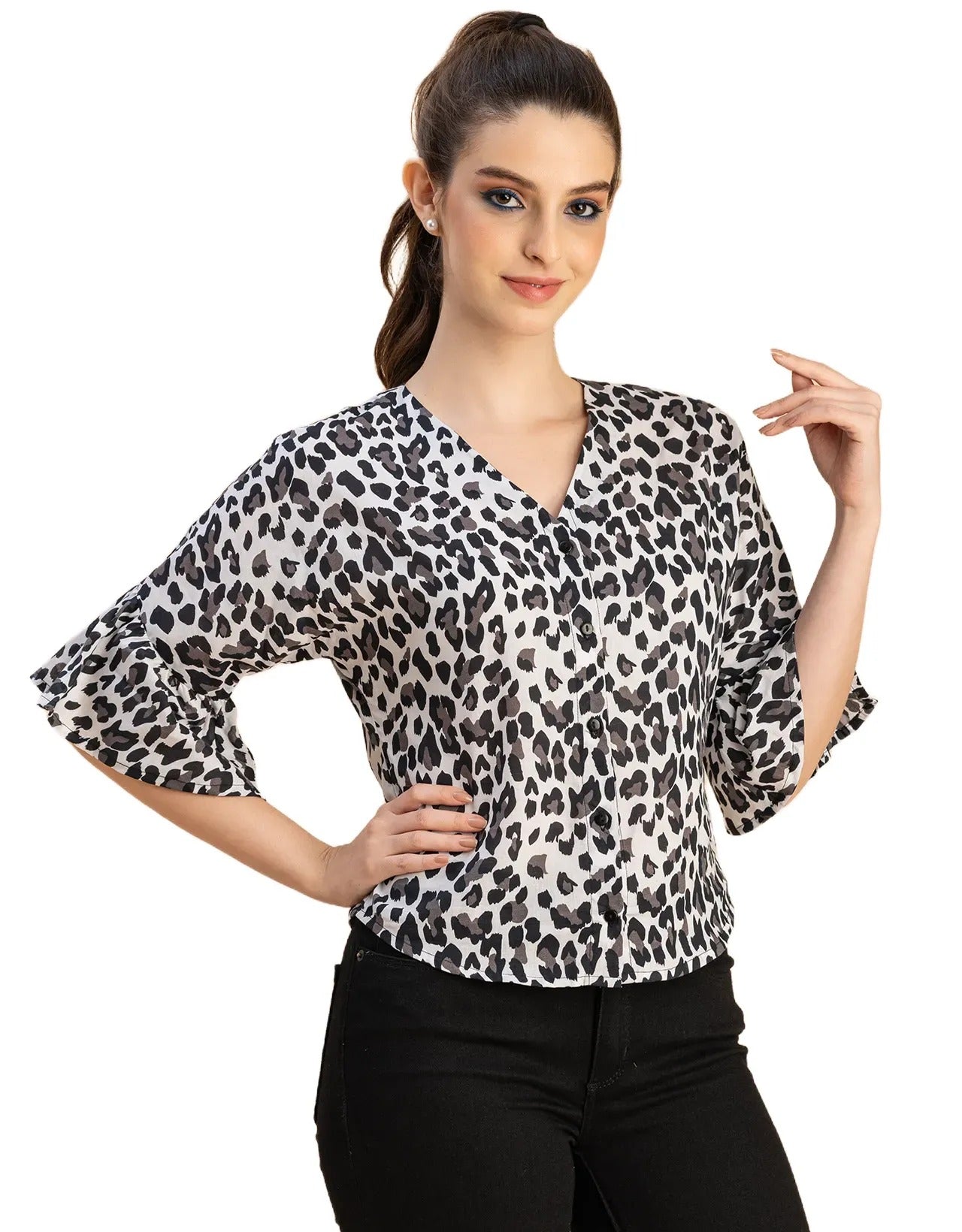 Short Sleeve V Neck Printed Cotton Top