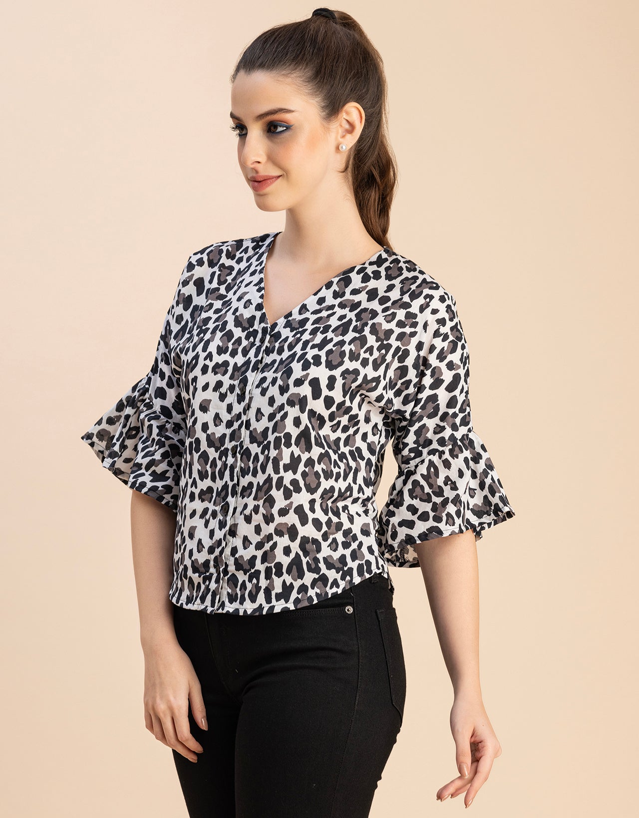 Short Sleeve V Neck Printed Cotton Top