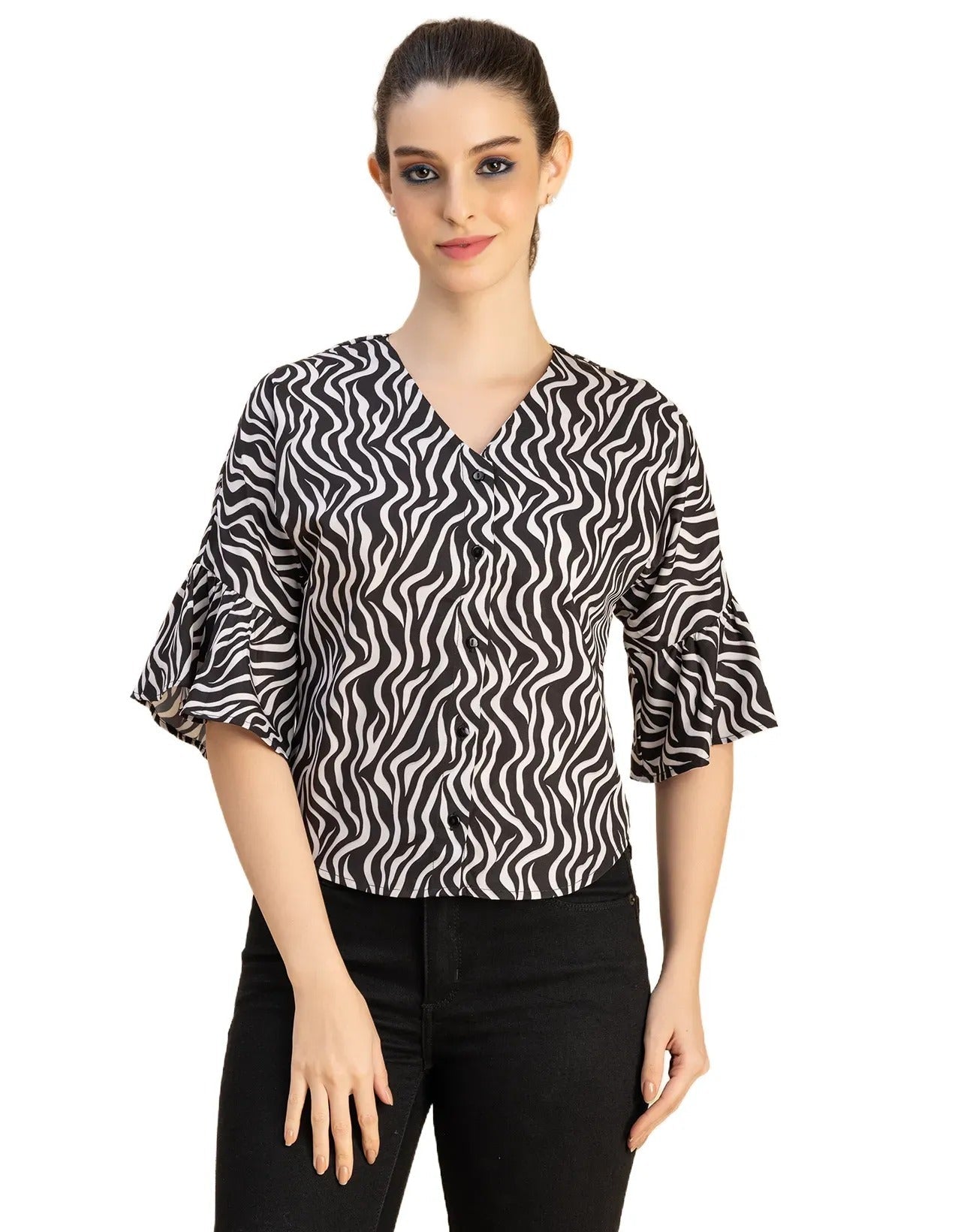 Short Sleeve V Neck Printed Cotton Top