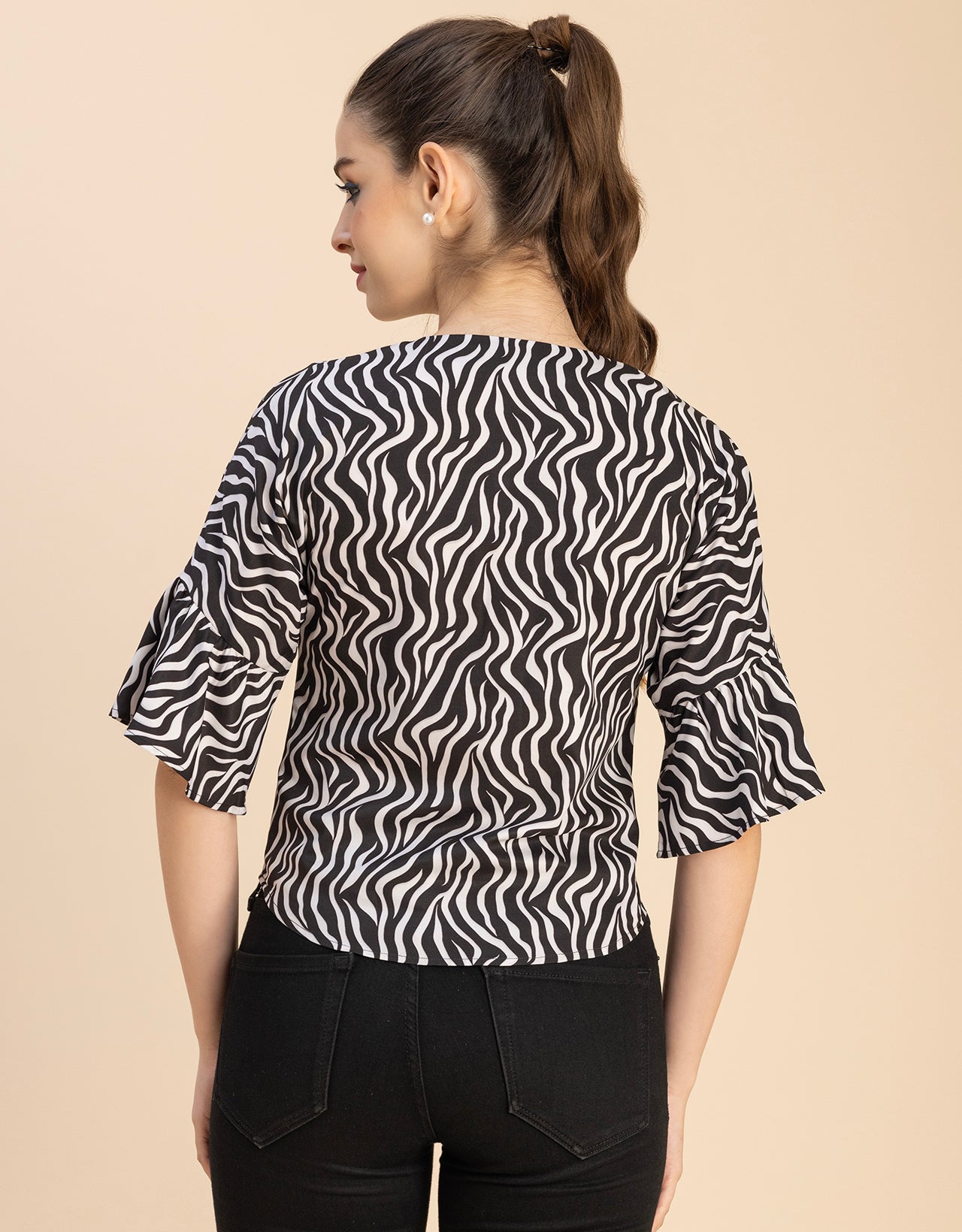 Short Sleeve V Neck Printed Cotton Top