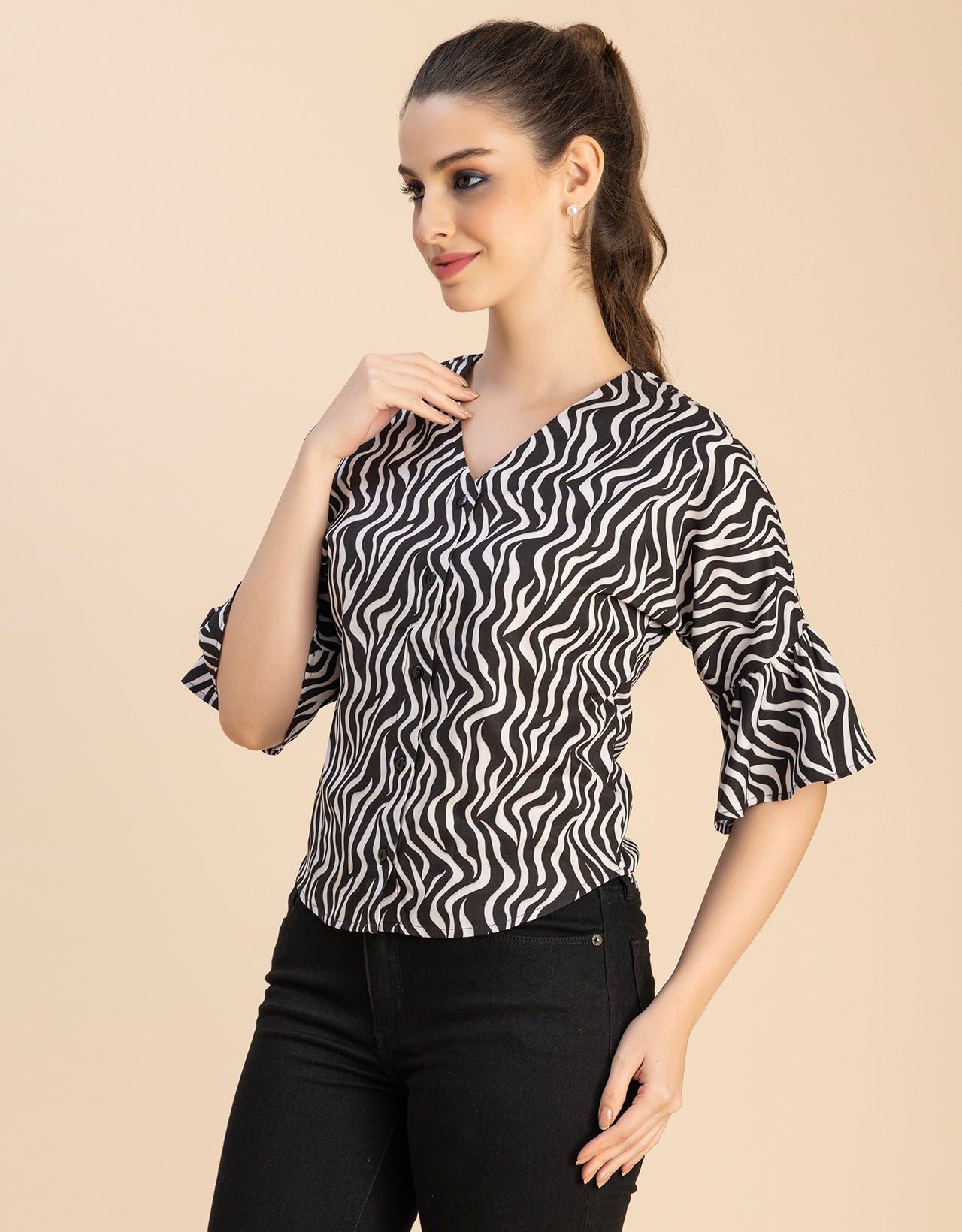Short Sleeve V Neck Printed Cotton Top