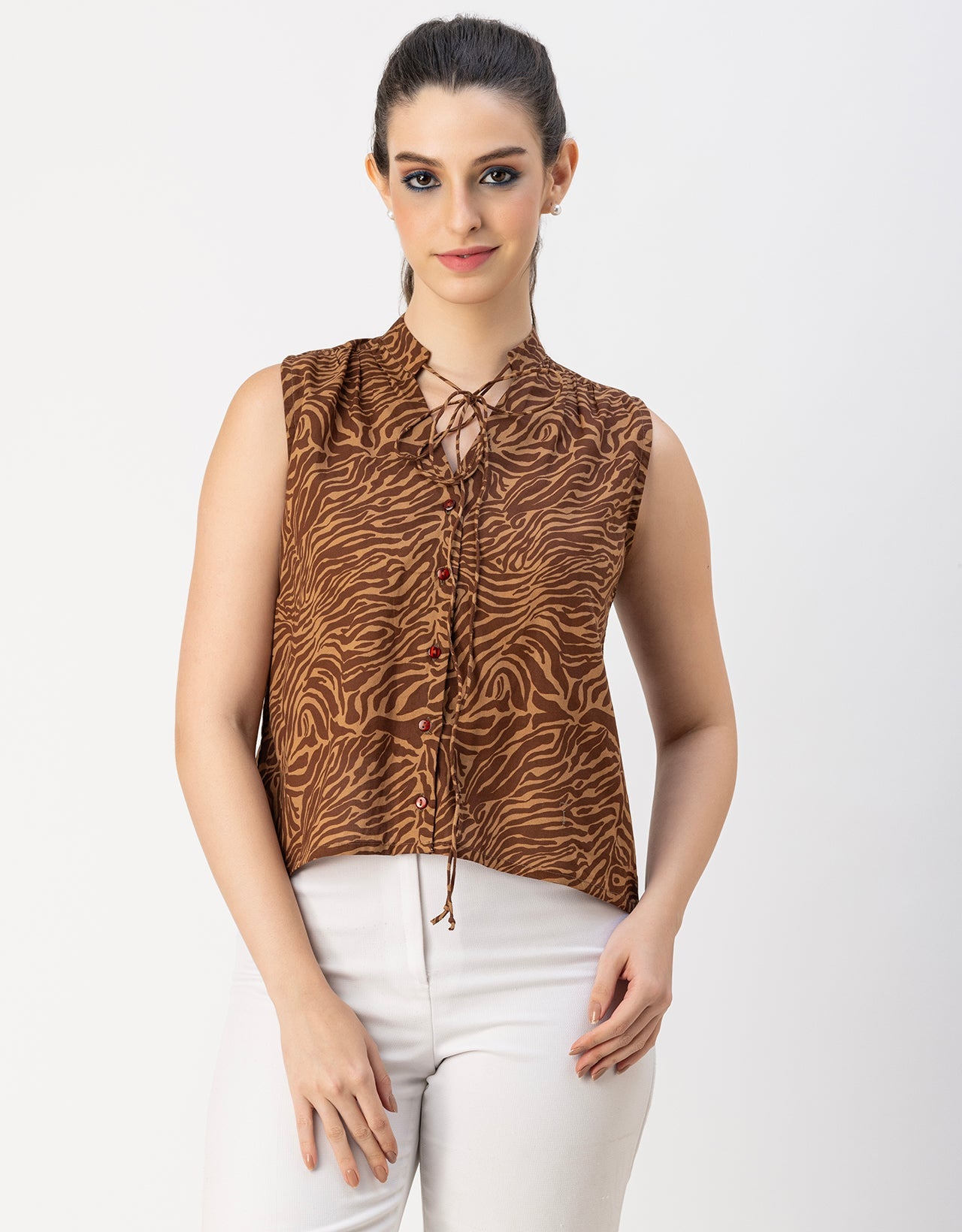 Sleeveless Tie Up Neck Cotton Top