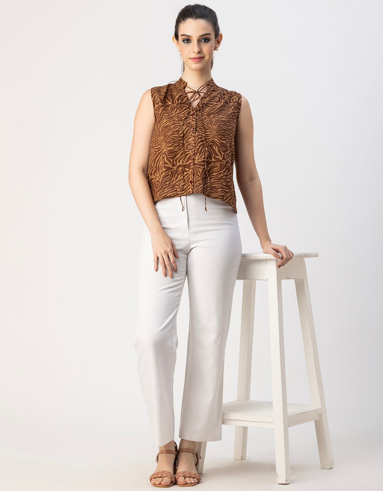 Sleeveless Tie Up Neck Cotton Top