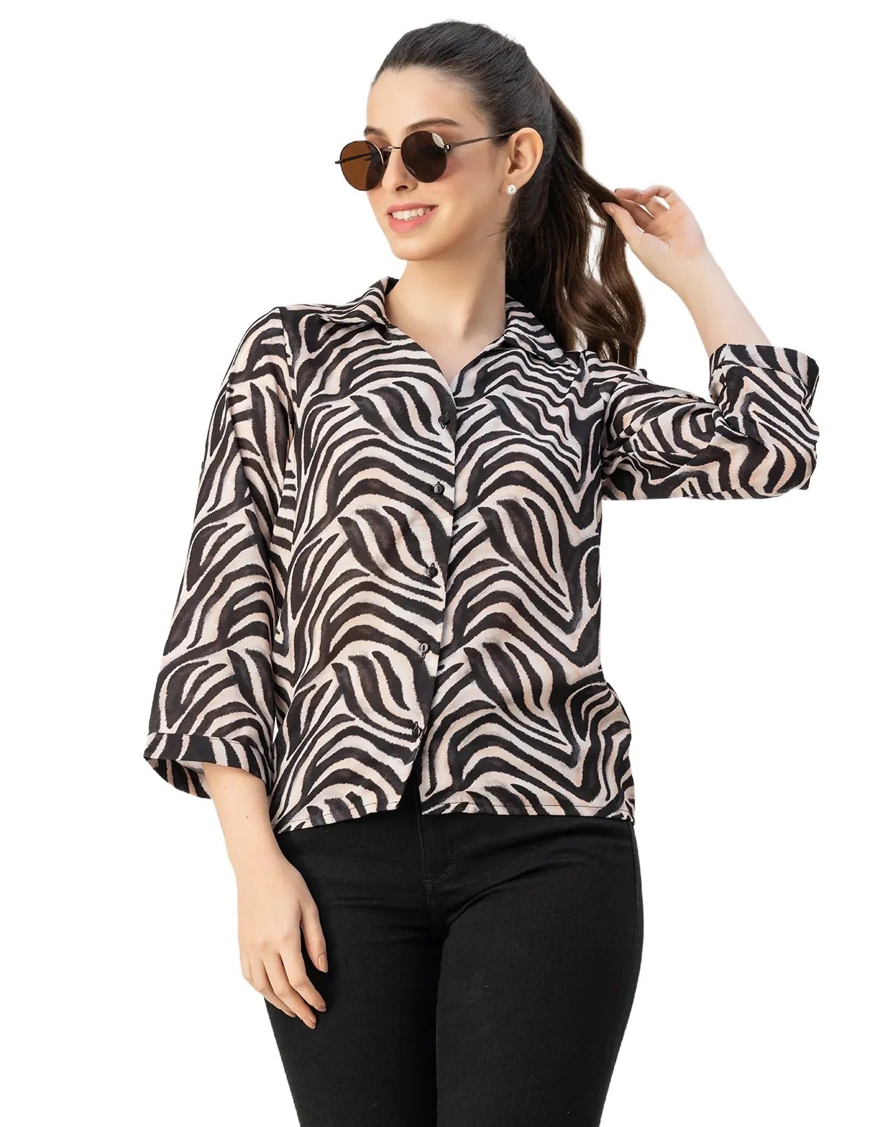 Long Sleeve Shirt Collar Printed Top