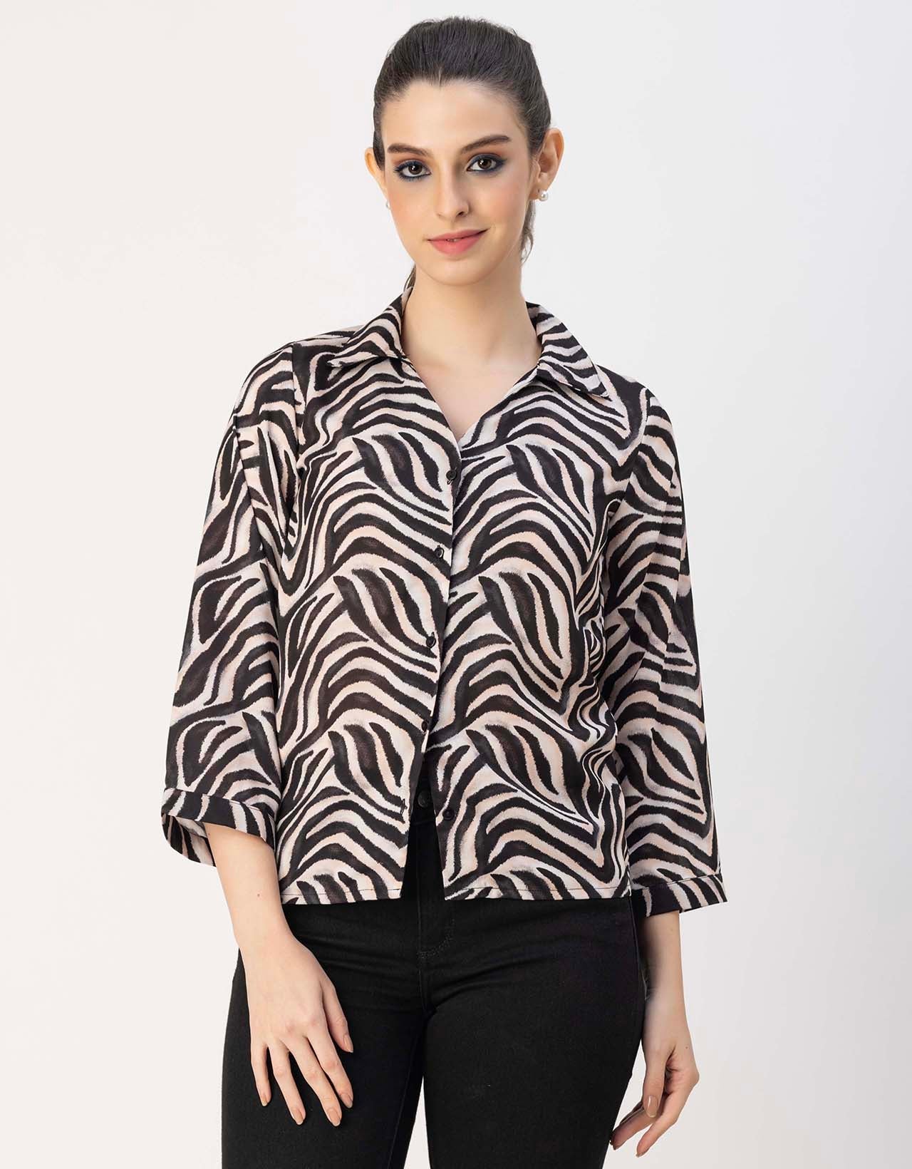 Long Sleeve Shirt Collar Printed Top