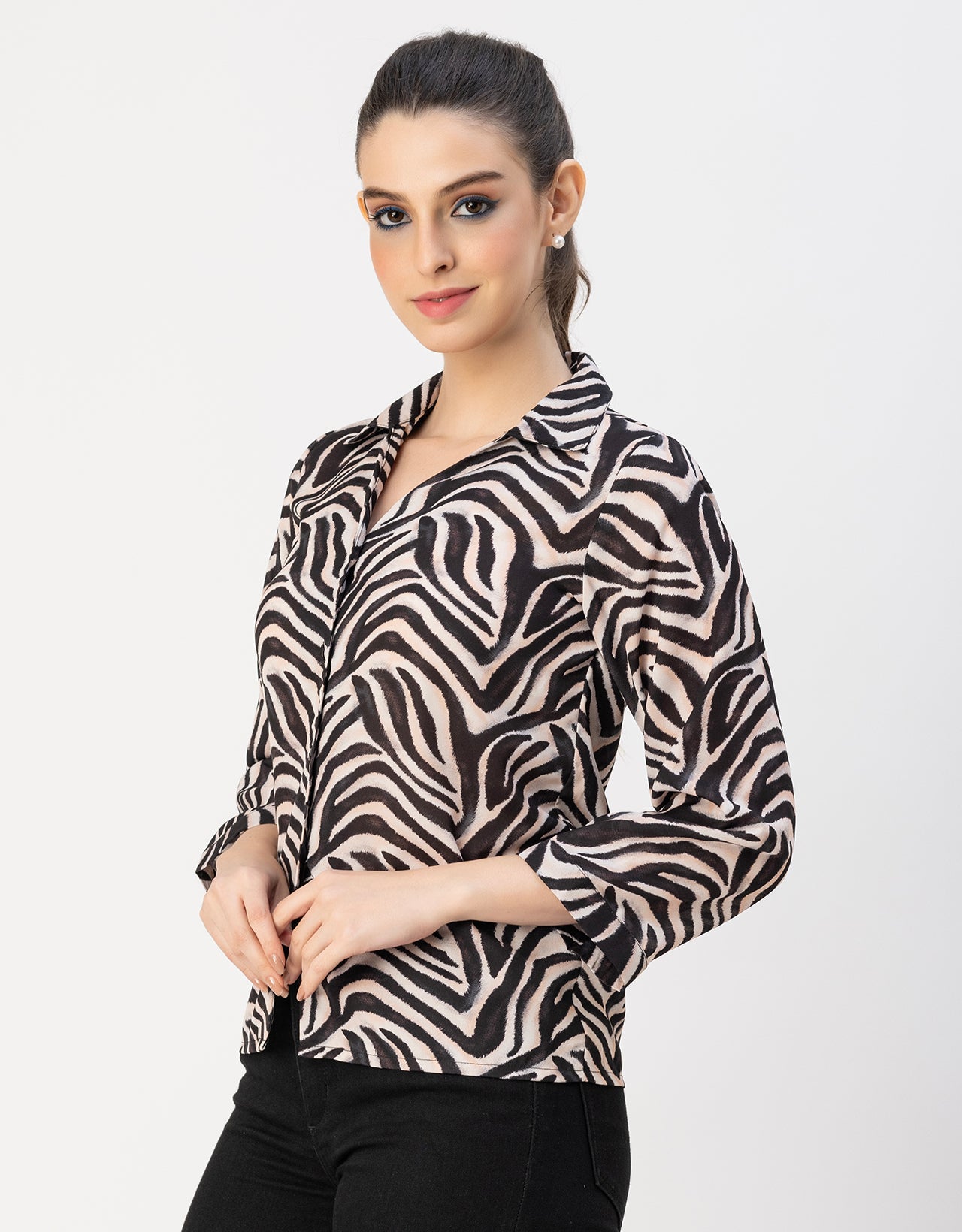 Long Sleeve Shirt Collar Printed Top