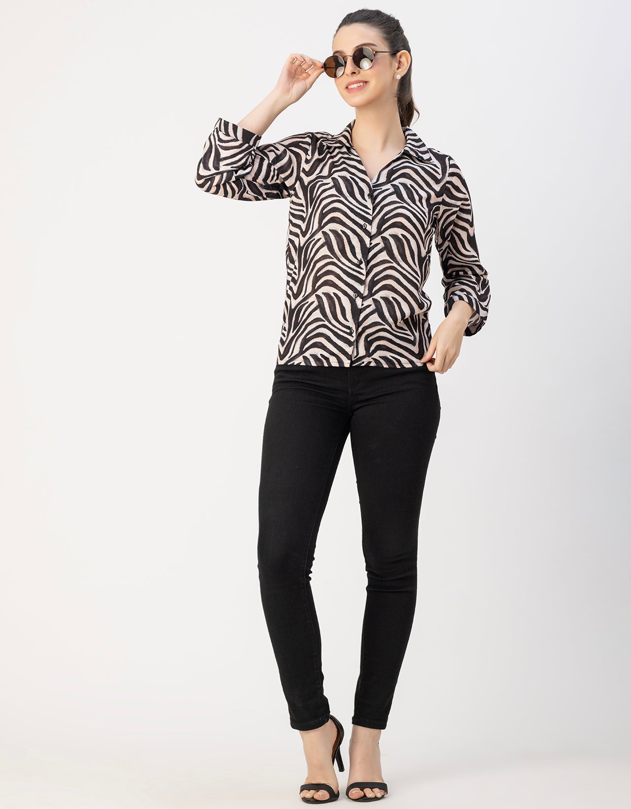 Long Sleeve Shirt Collar Printed Top