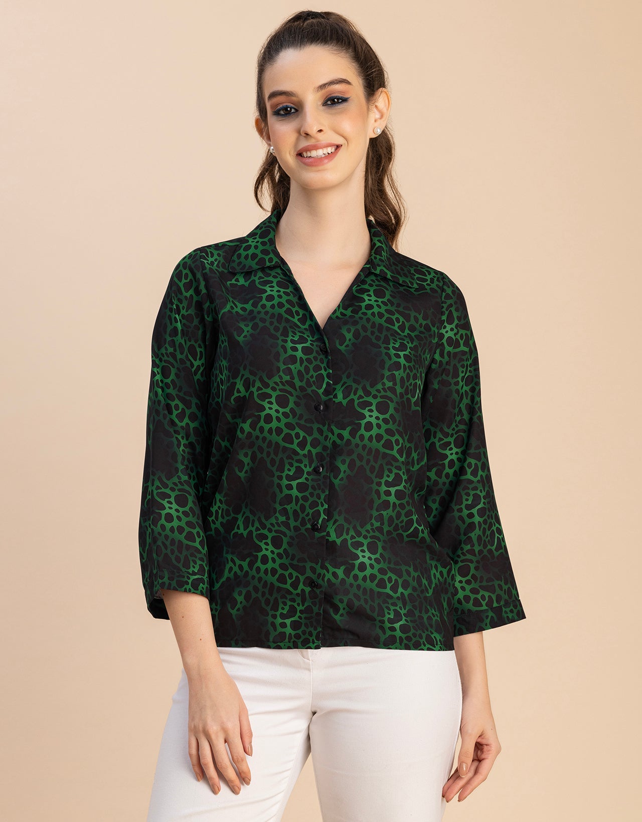 Long Sleeve Shirt Collar Printed Top