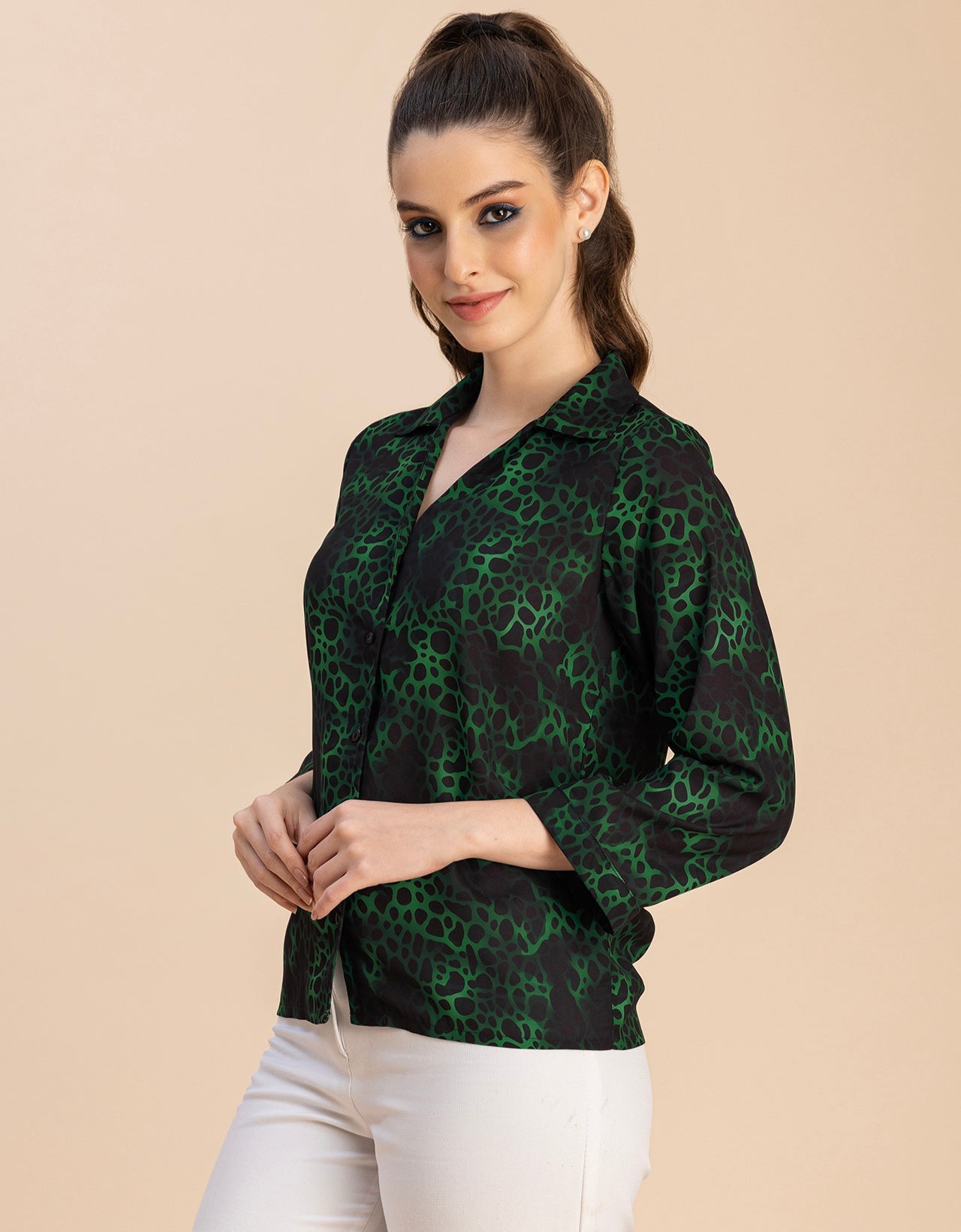 Long Sleeve Shirt Collar Printed Top