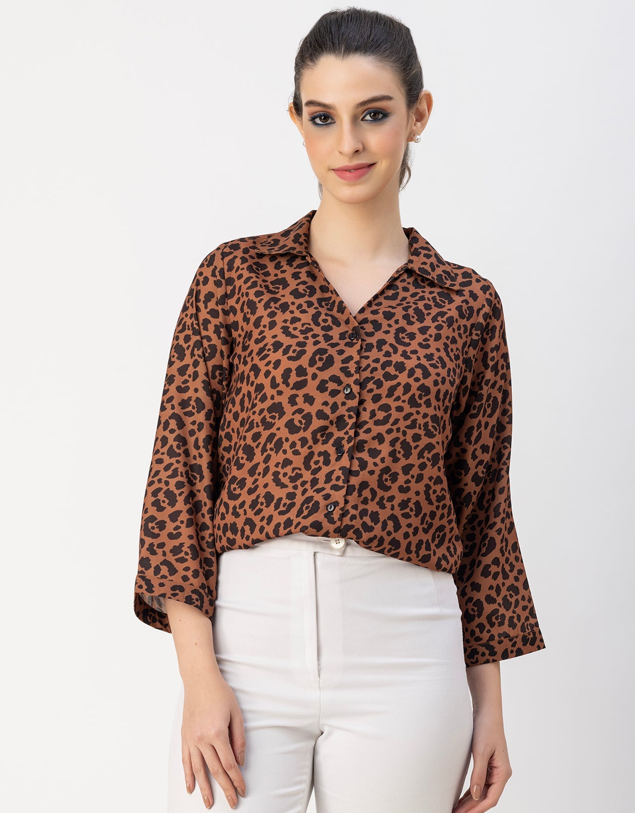 Long Sleeve Shirt Collar Printed Top