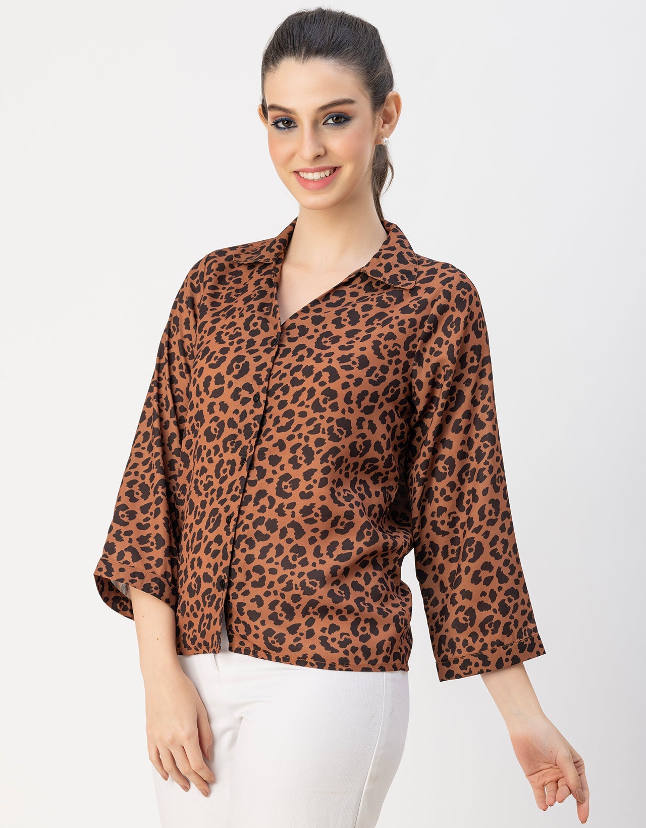 Long Sleeve Shirt Collar Printed Top