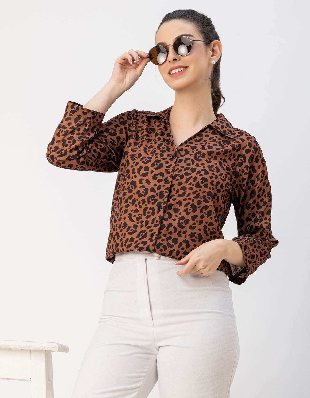 Long Sleeve Shirt Collar Printed Top
