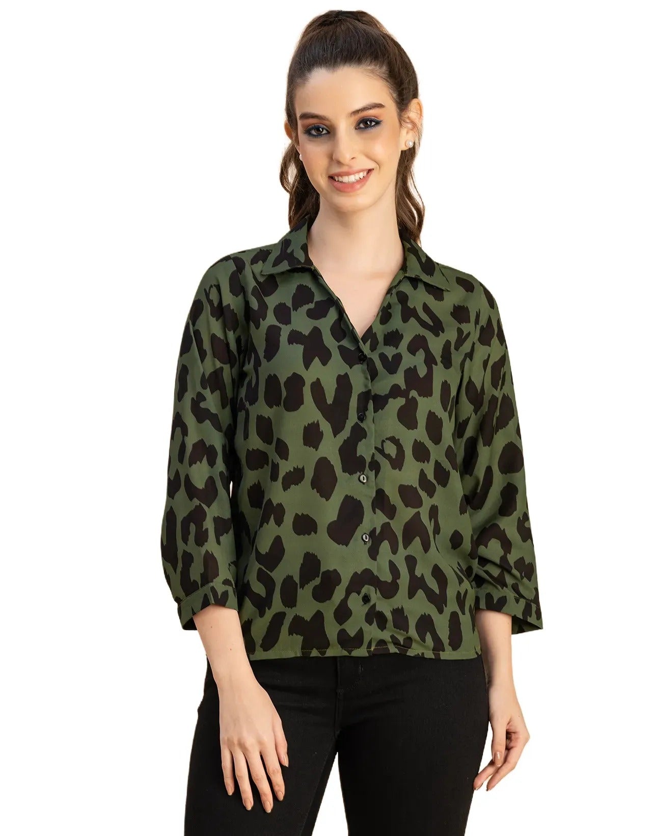 Long Sleeve Shirt Collar Printed Top