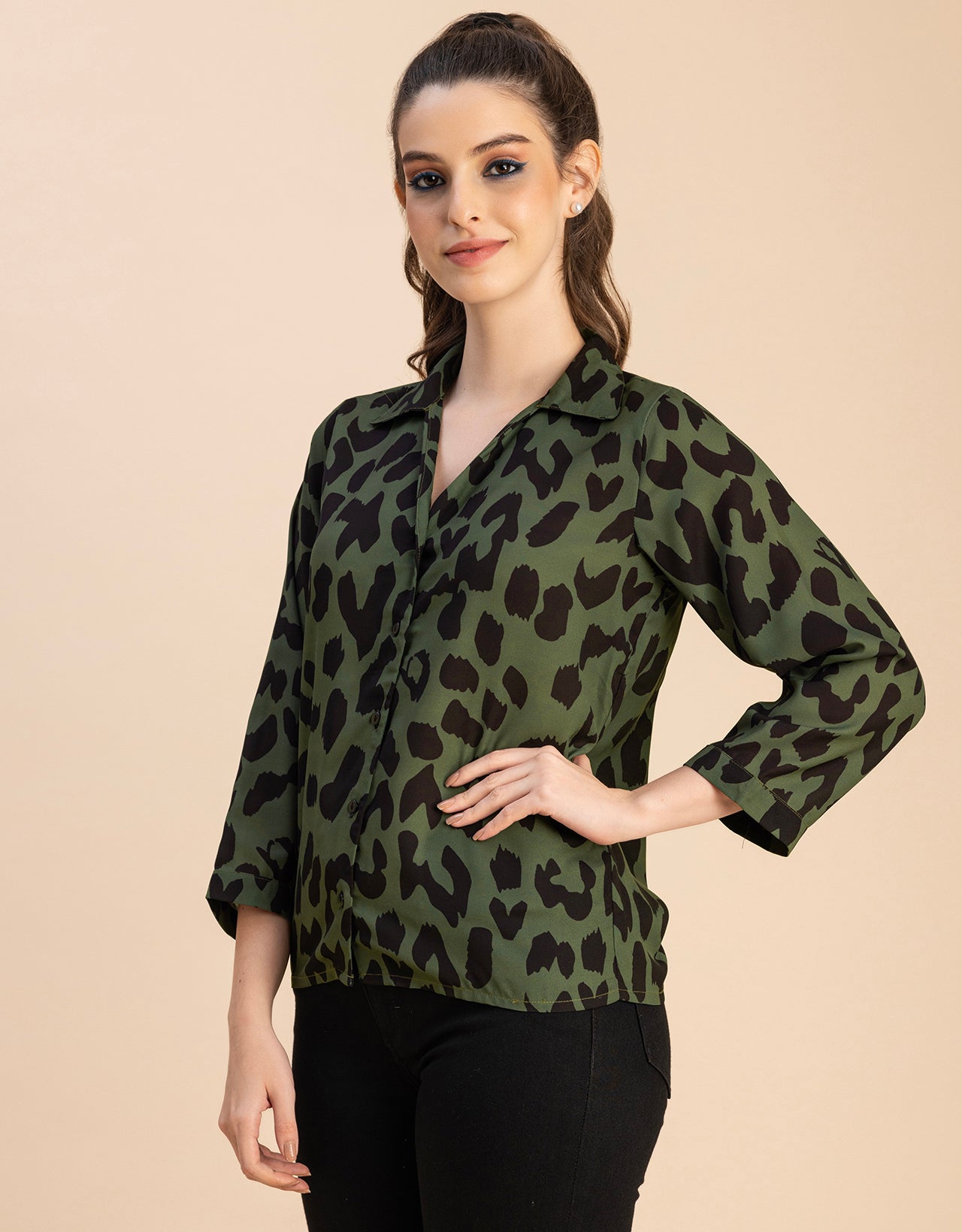 Long Sleeve Shirt Collar Printed Top