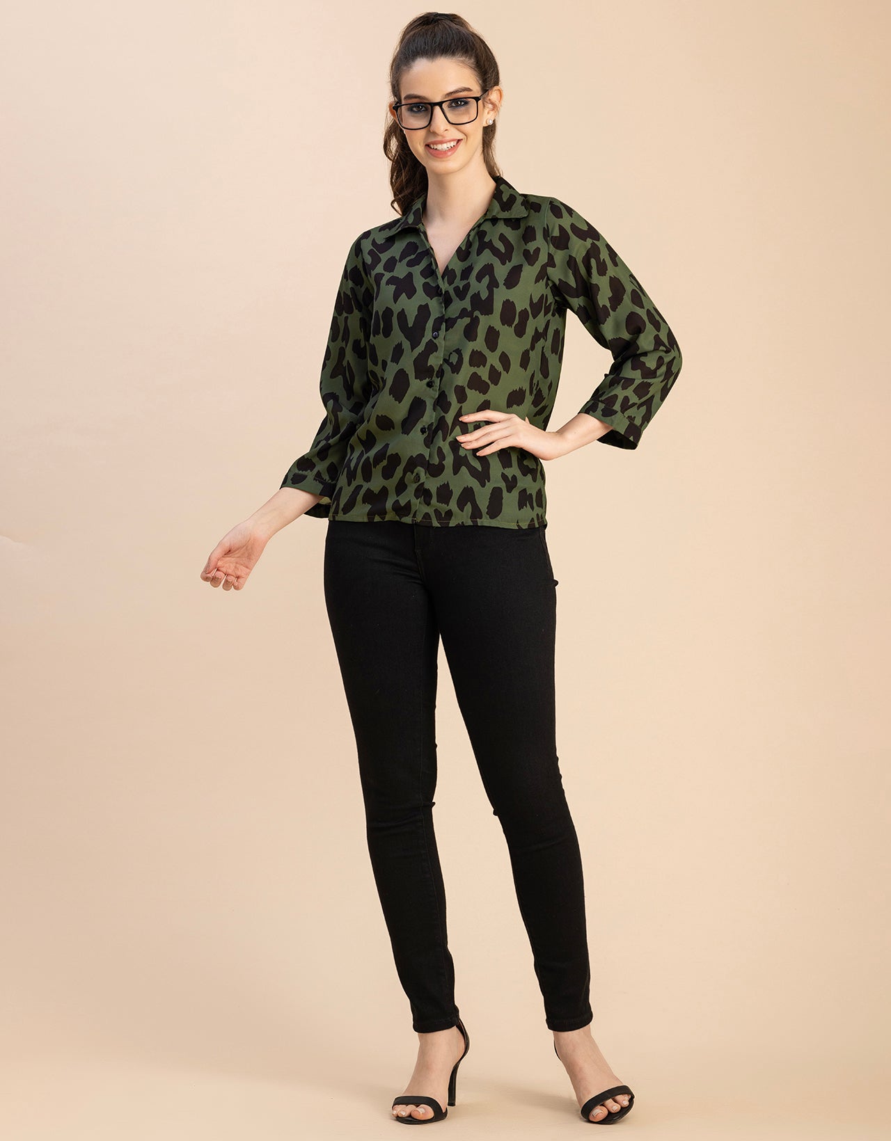 Long Sleeve Shirt Collar Printed Top
