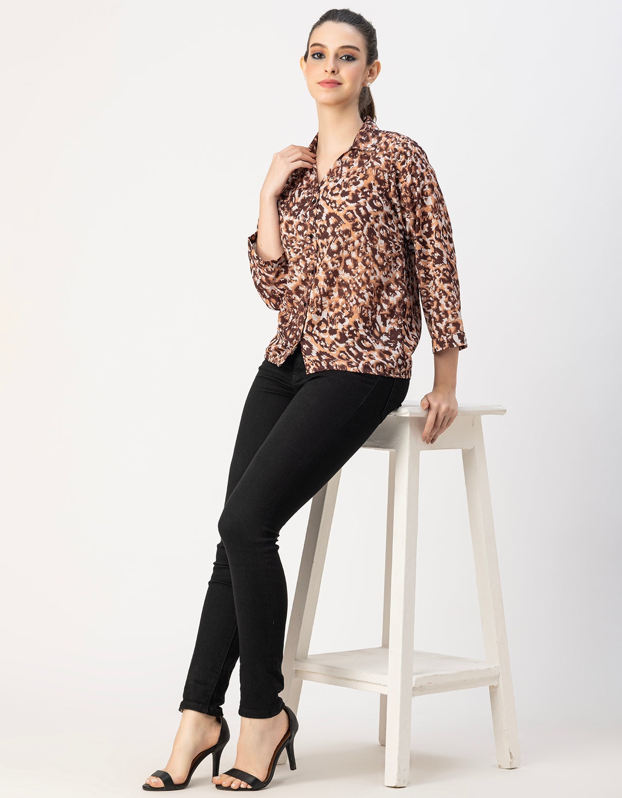 Long Sleeve Shirt Collar Printed Top
