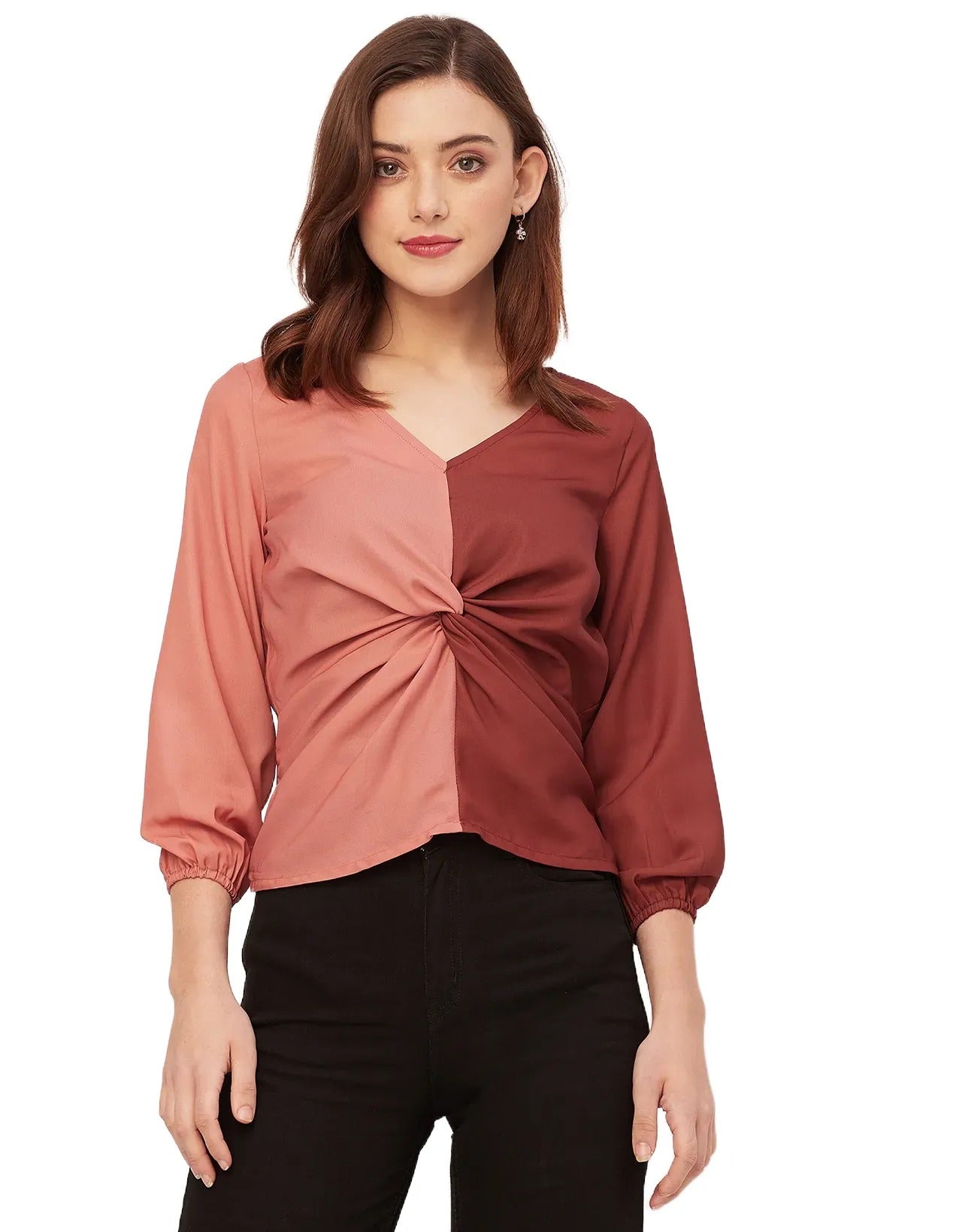 quarter sleeve V Neck Solid Georgette Top