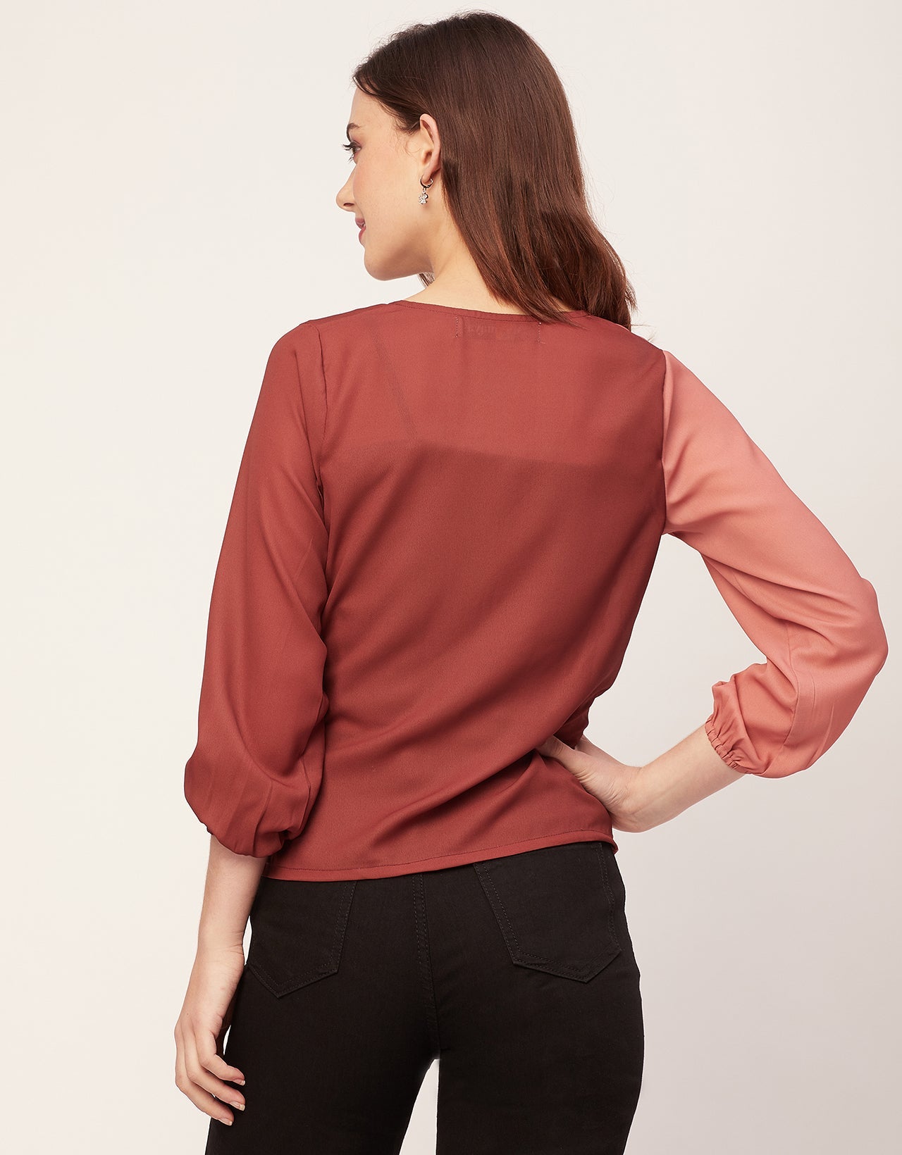 quarter sleeve V Neck Solid Georgette Top