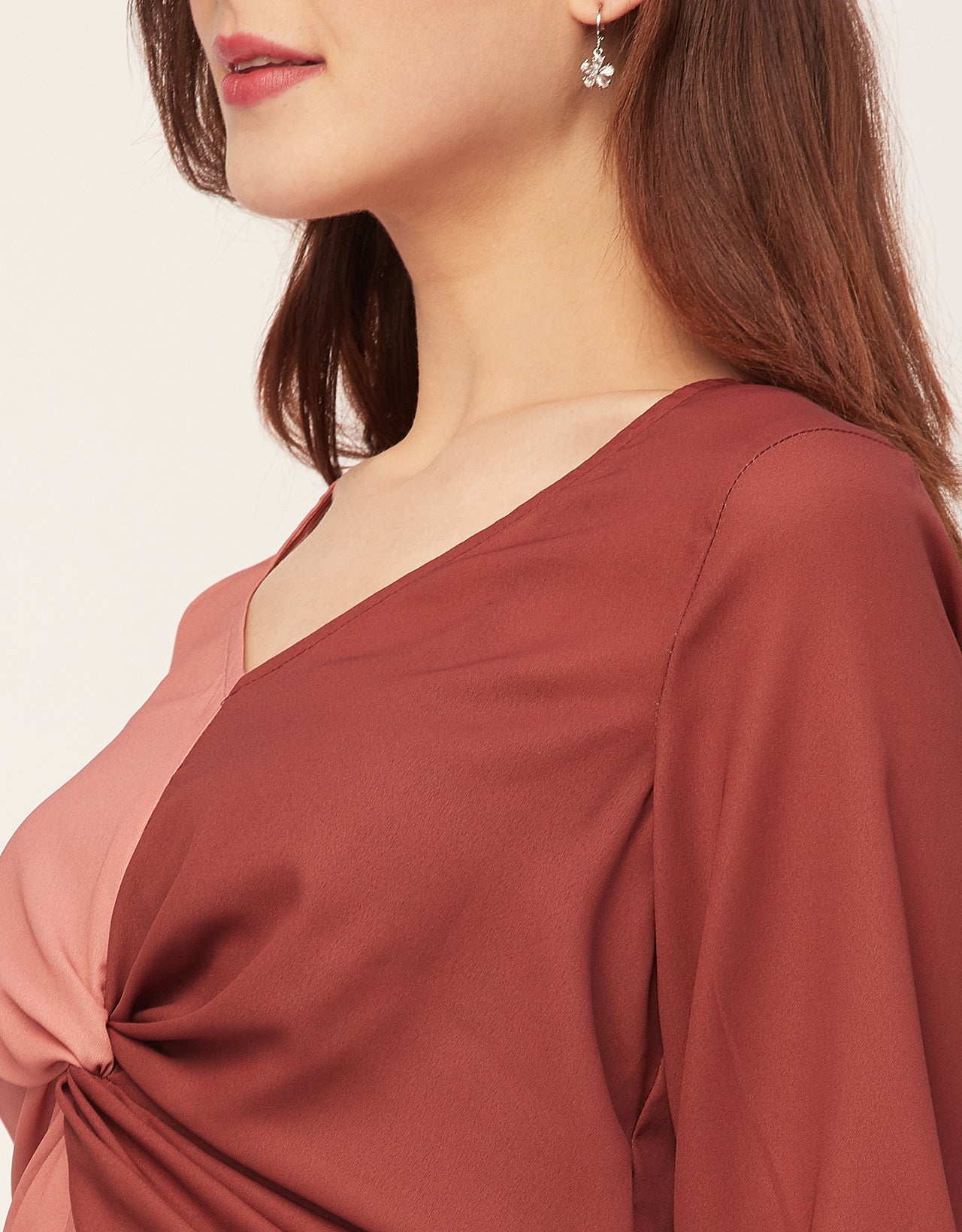 quarter sleeve V Neck Solid Georgette Top
