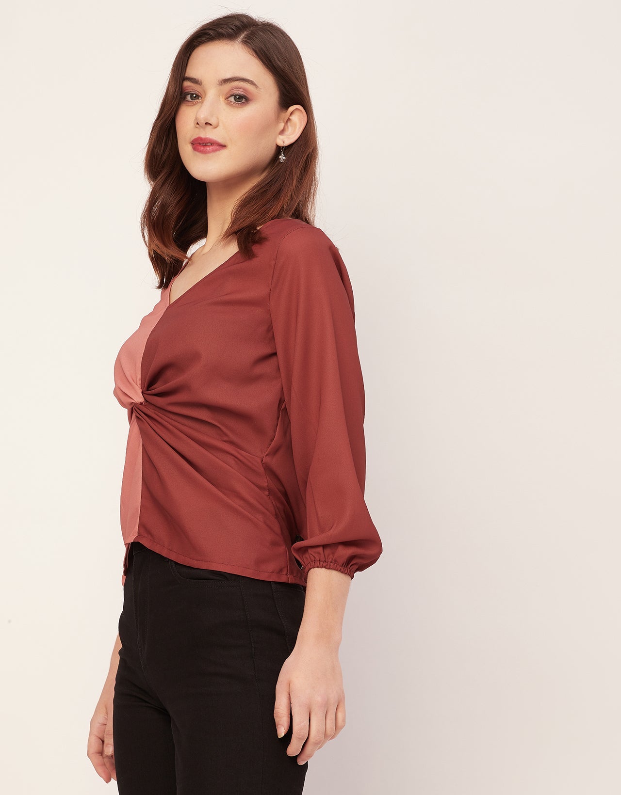 quarter sleeve V Neck Solid Georgette Top
