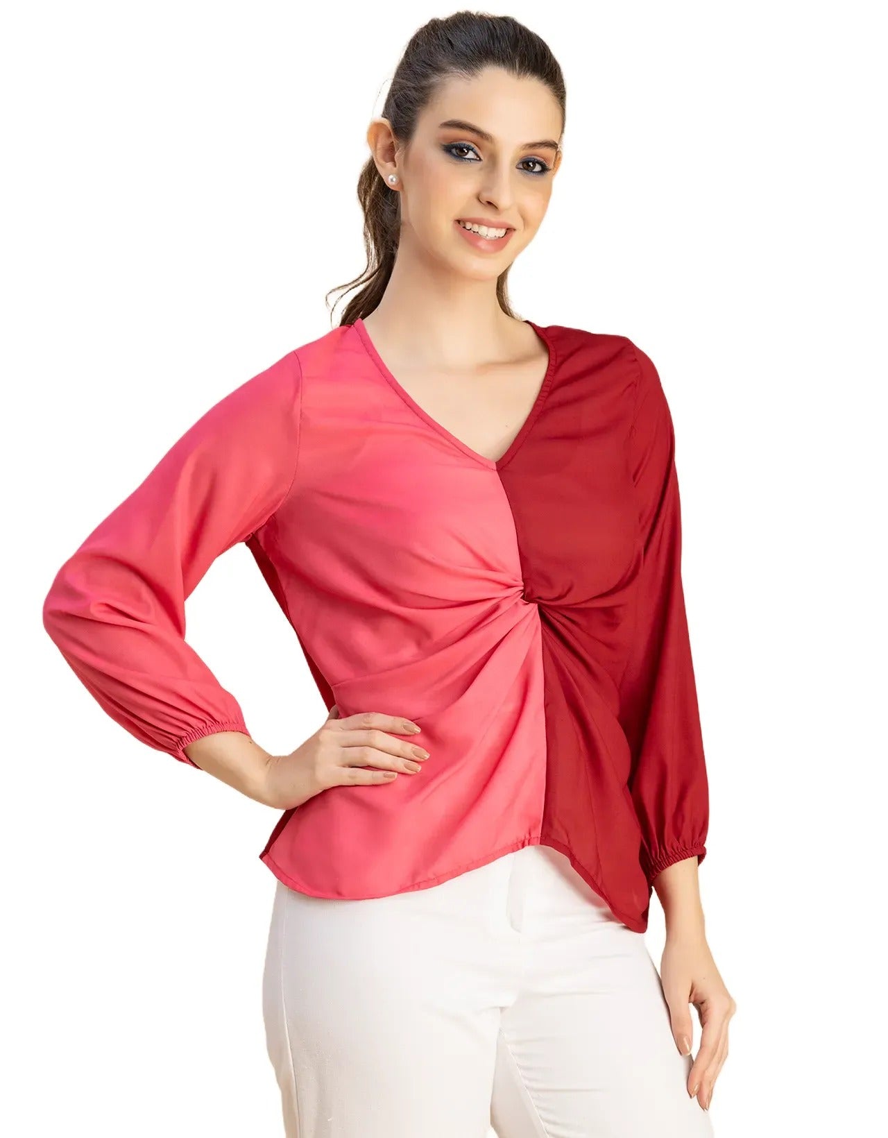 quarter sleeve V Neck Solid Georgette Top