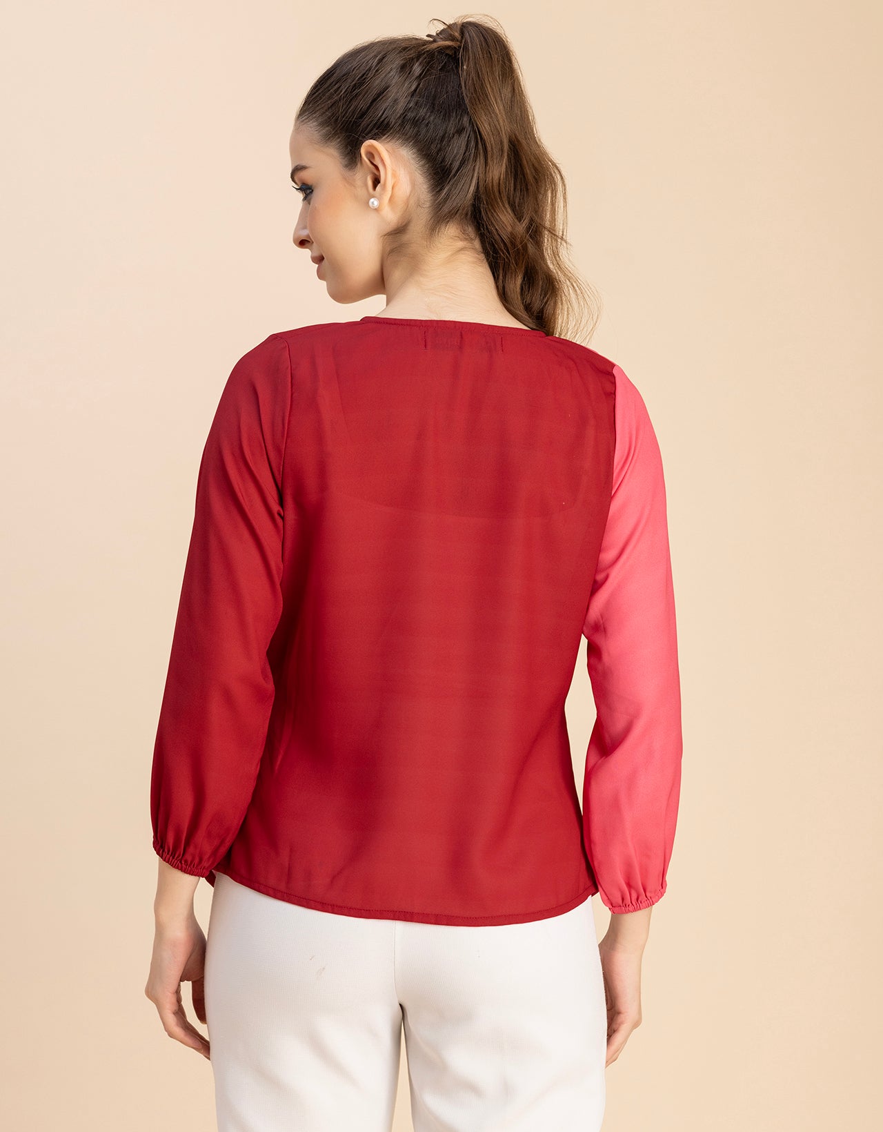 quarter sleeve V Neck Solid Georgette Top