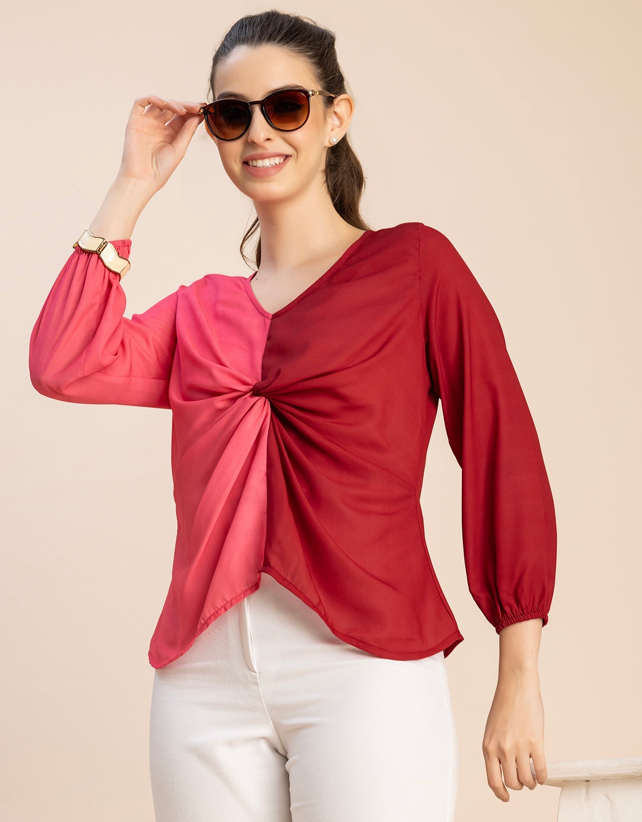 quarter sleeve V Neck Solid Georgette Top