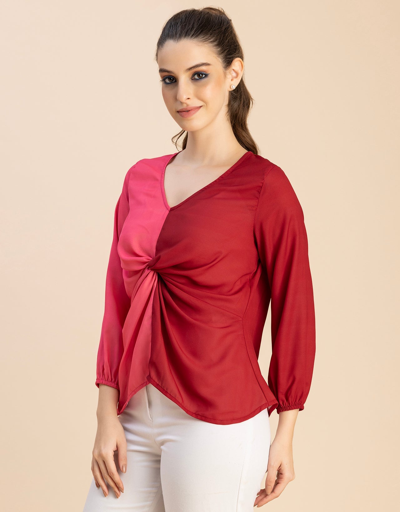 quarter sleeve V Neck Solid Georgette Top