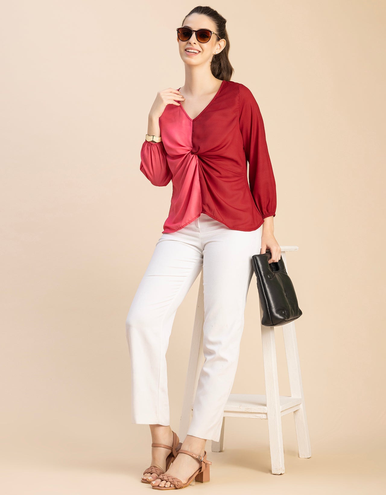 quarter sleeve V Neck Solid Georgette Top
