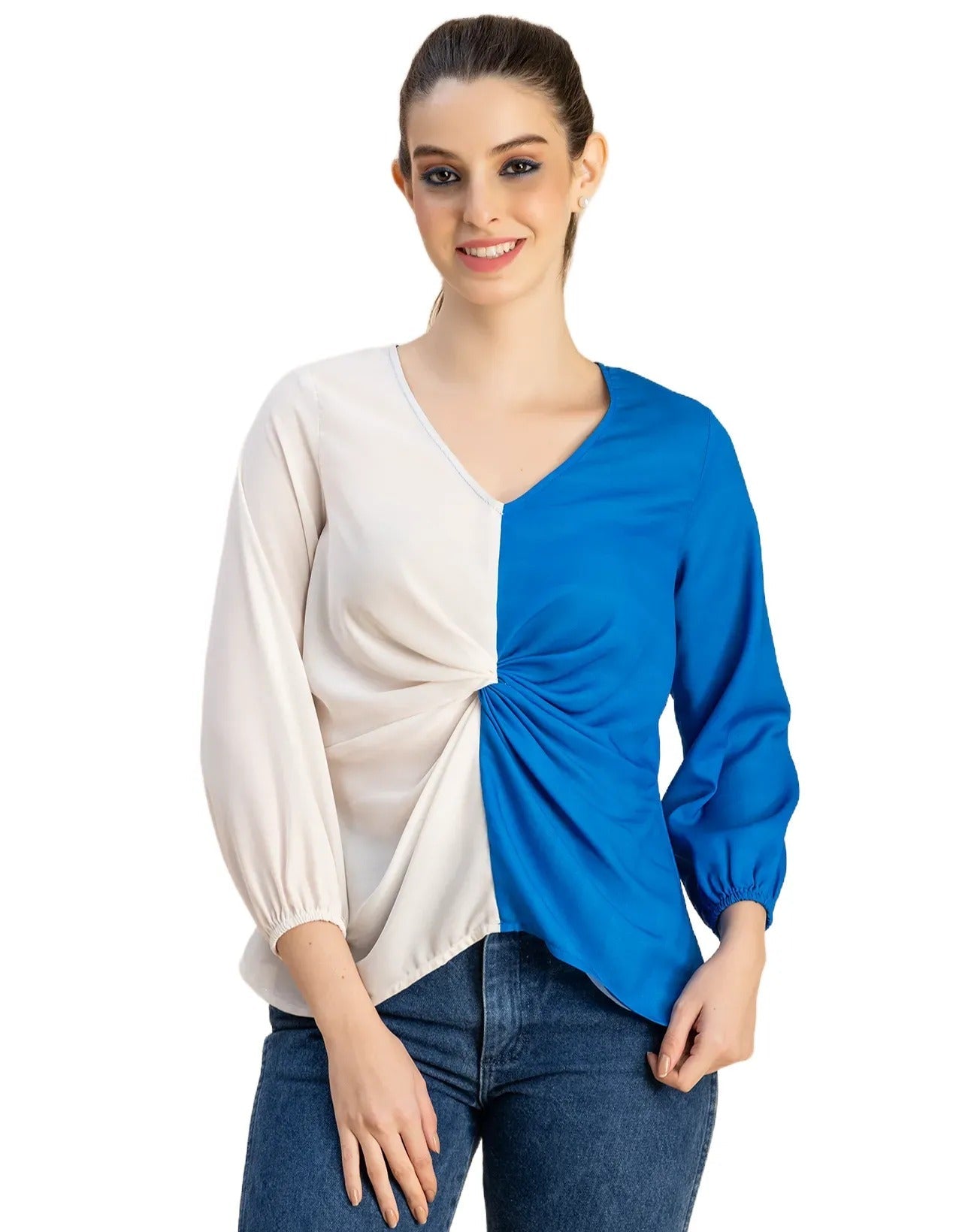 quarter sleeve V Neck Solid Georgette Top