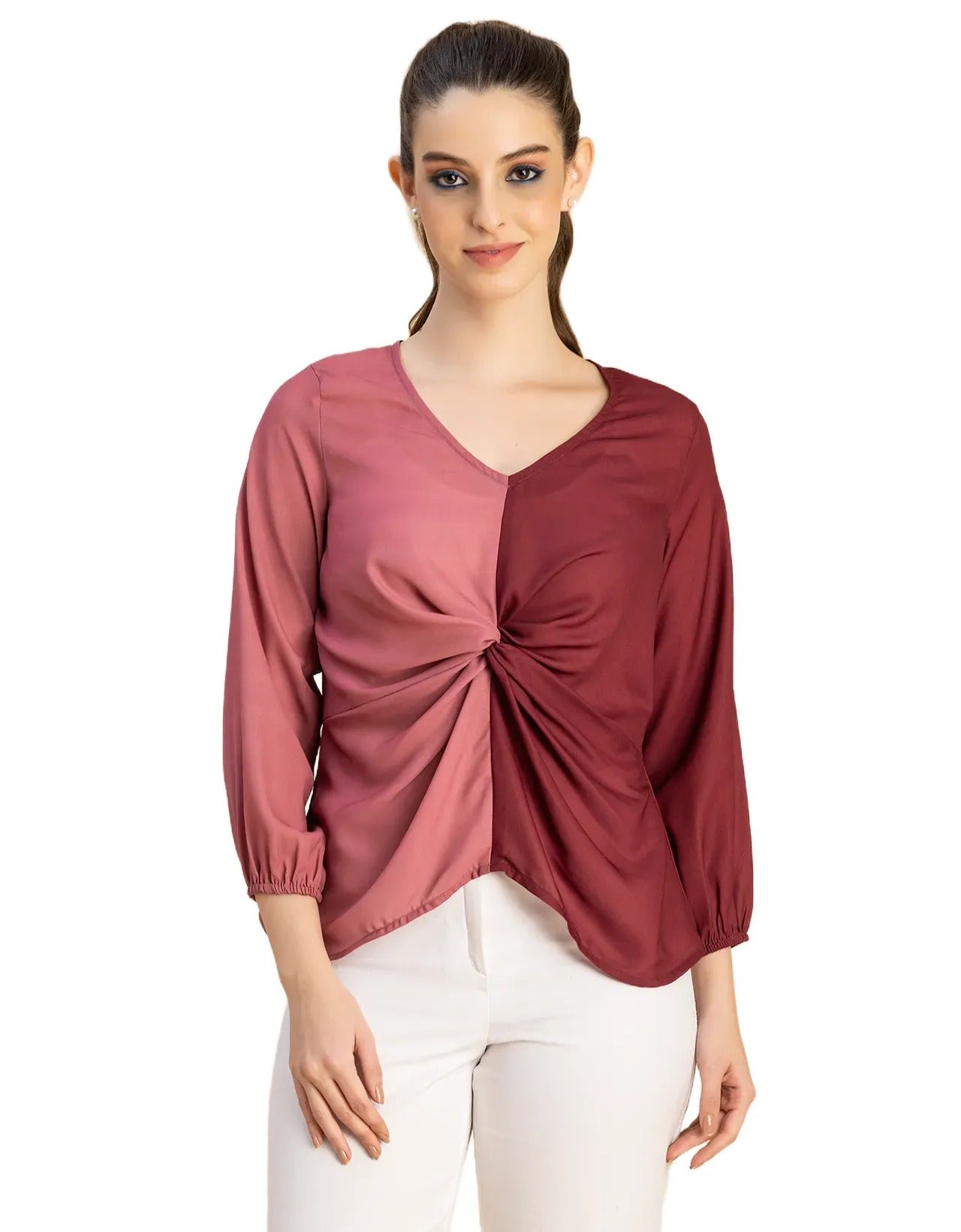 quarter sleeve V Neck Solid Georgette Top