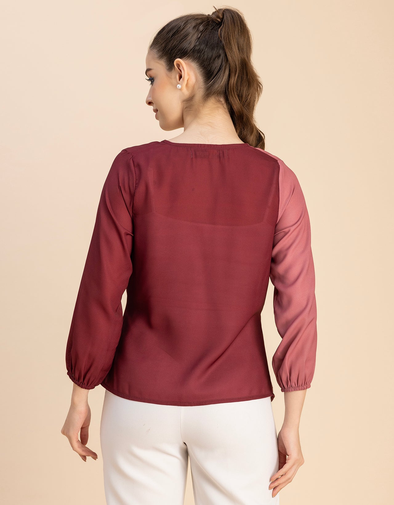 quarter sleeve V Neck Solid Georgette Top