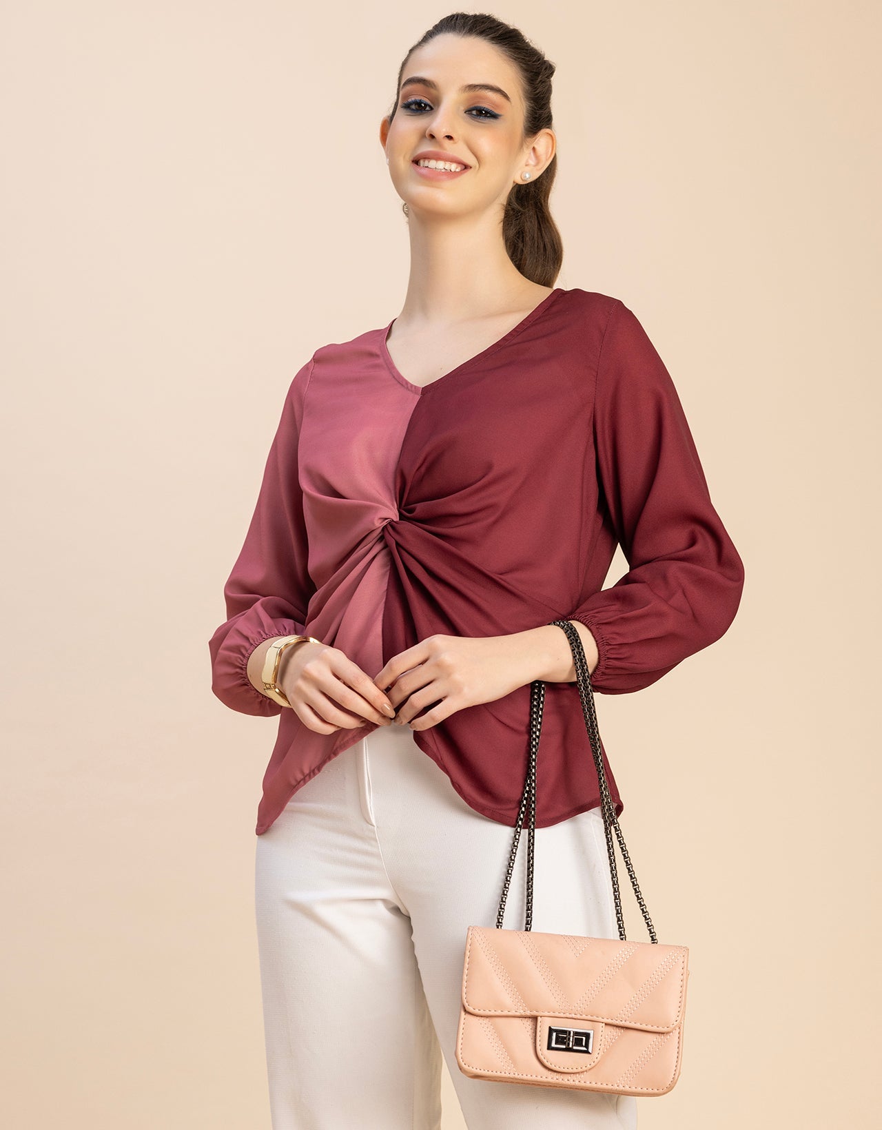 quarter sleeve V Neck Solid Georgette Top
