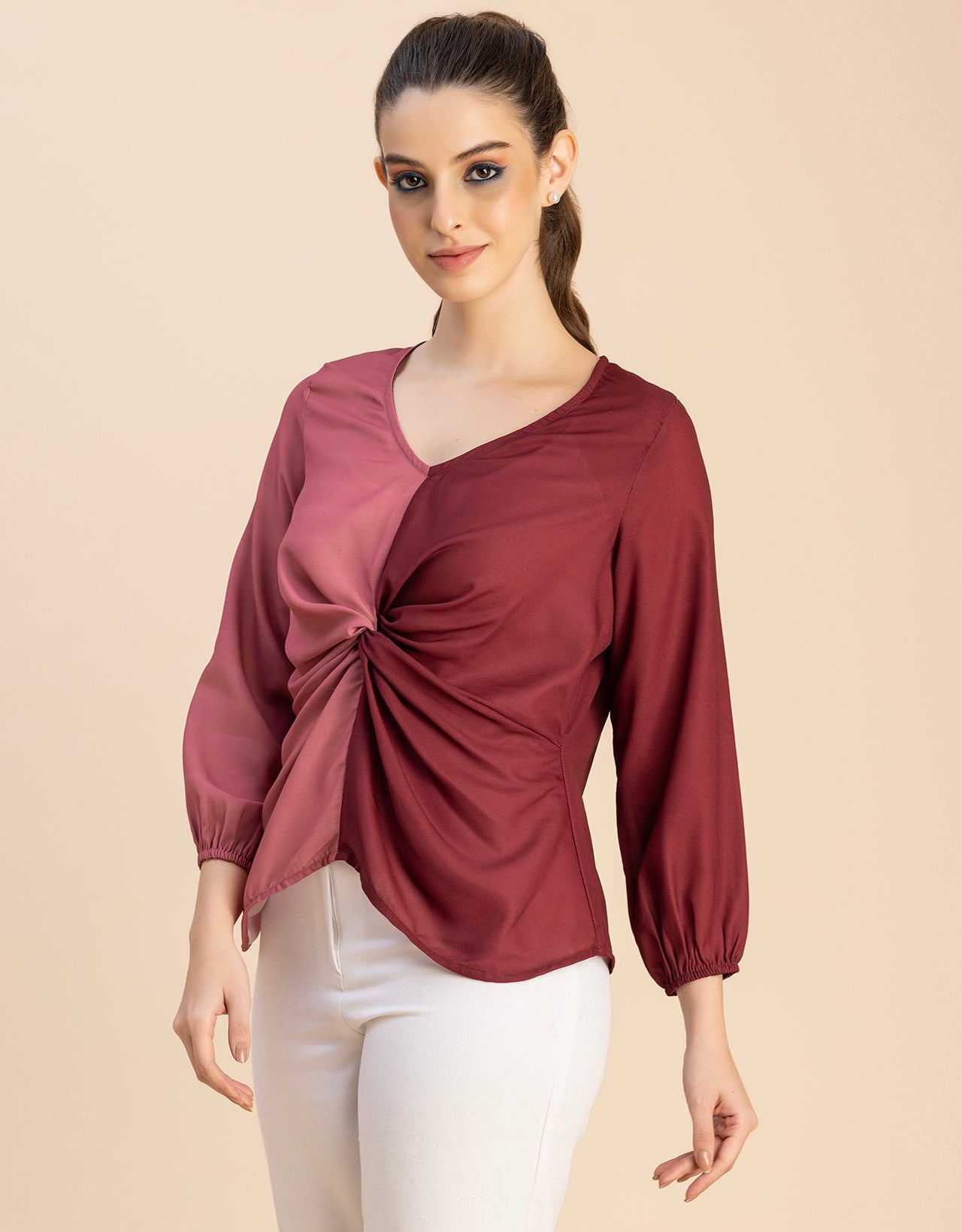 quarter sleeve V Neck Solid Georgette Top