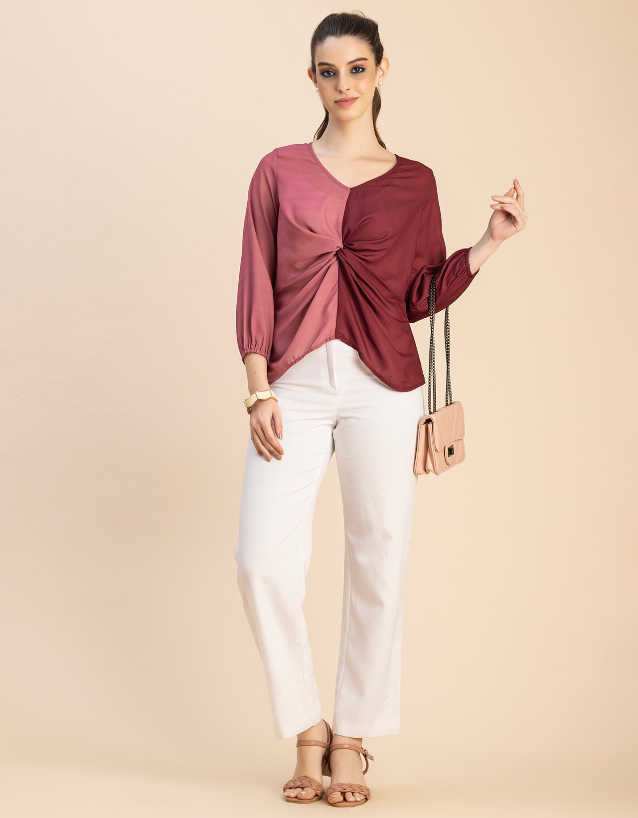 quarter sleeve V Neck Solid Georgette Top