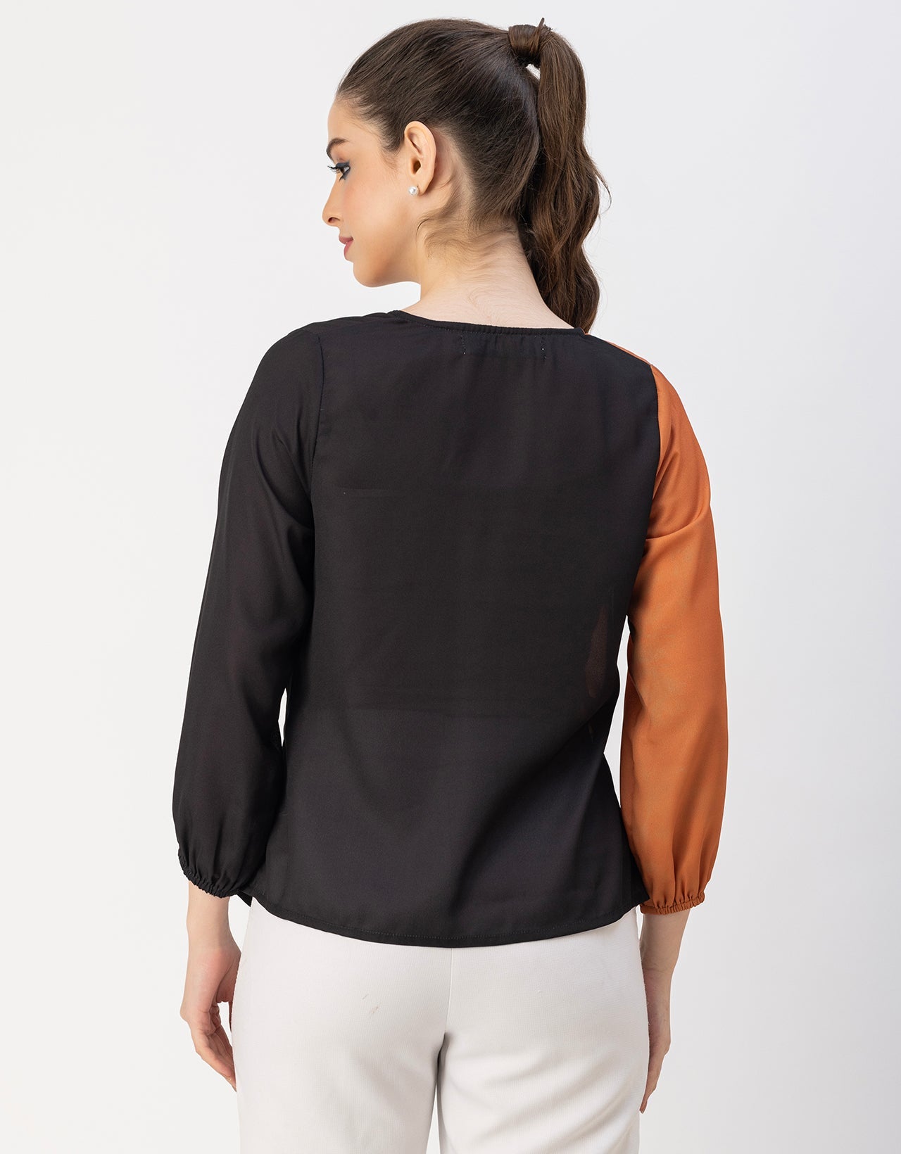 quarter sleeve V Neck Solid Georgette Top