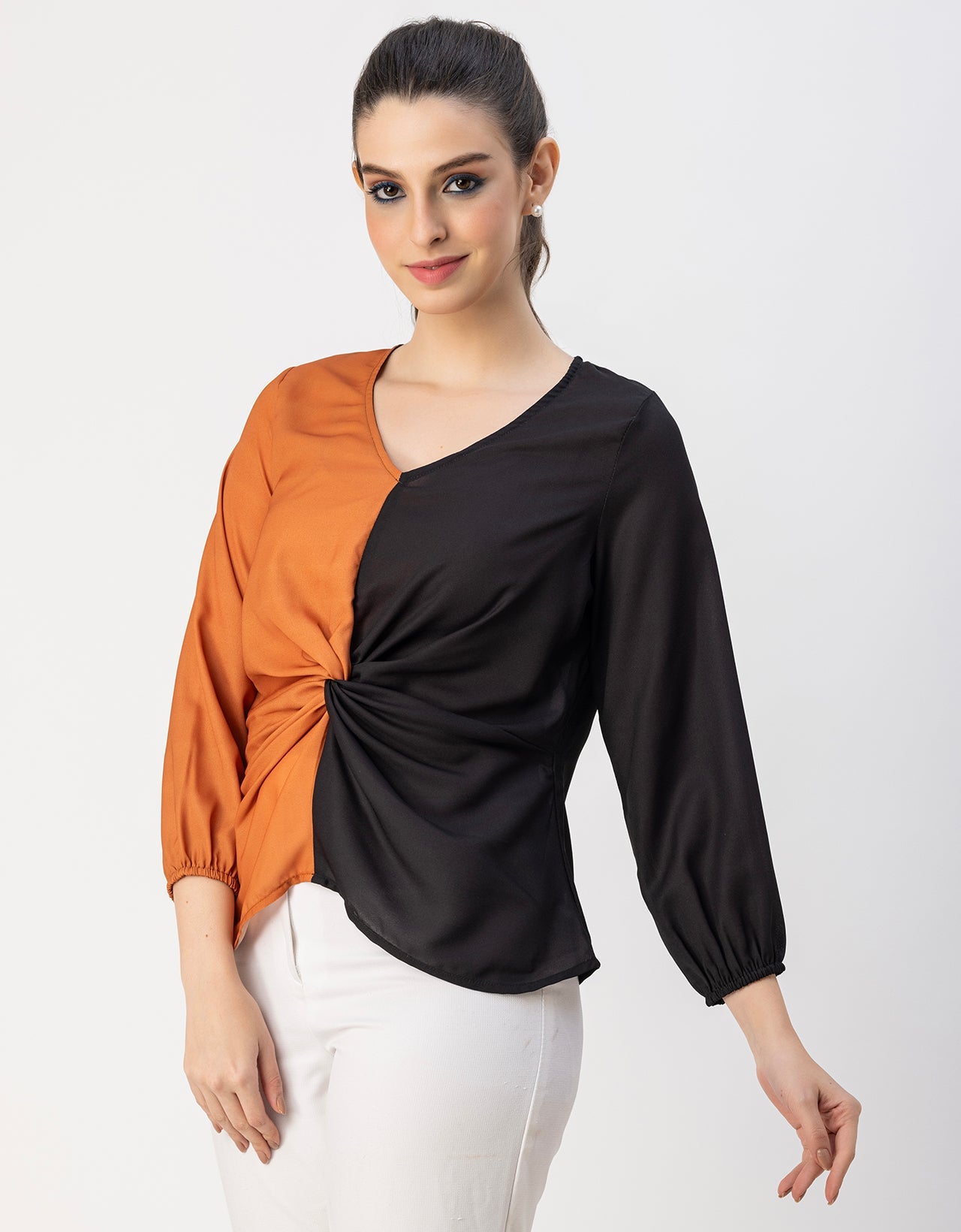 quarter sleeve V Neck Solid Georgette Top