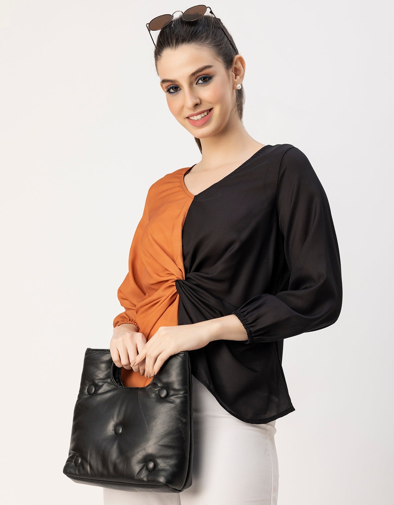 quarter sleeve V Neck Solid Georgette Top