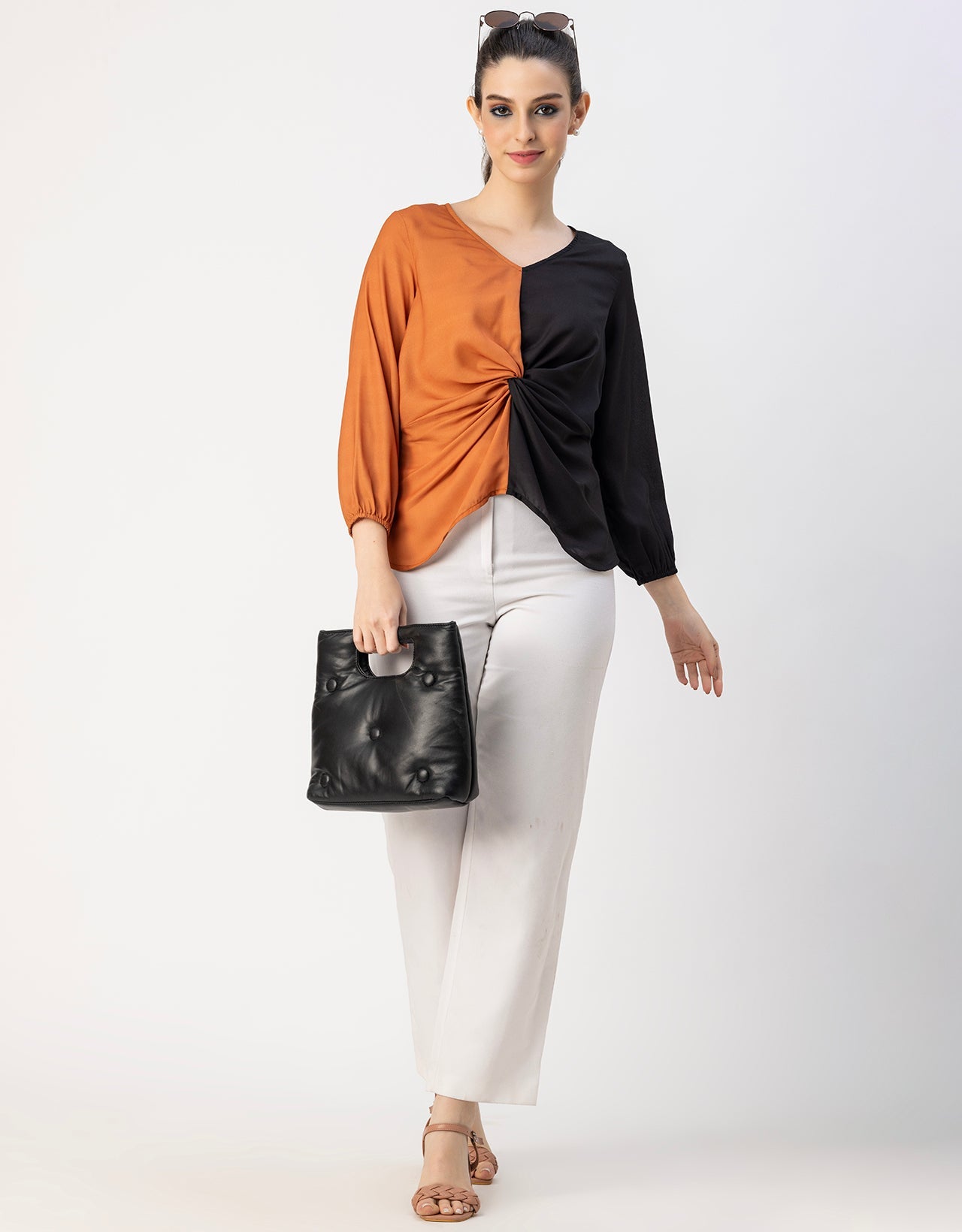quarter sleeve V Neck Solid Georgette Top