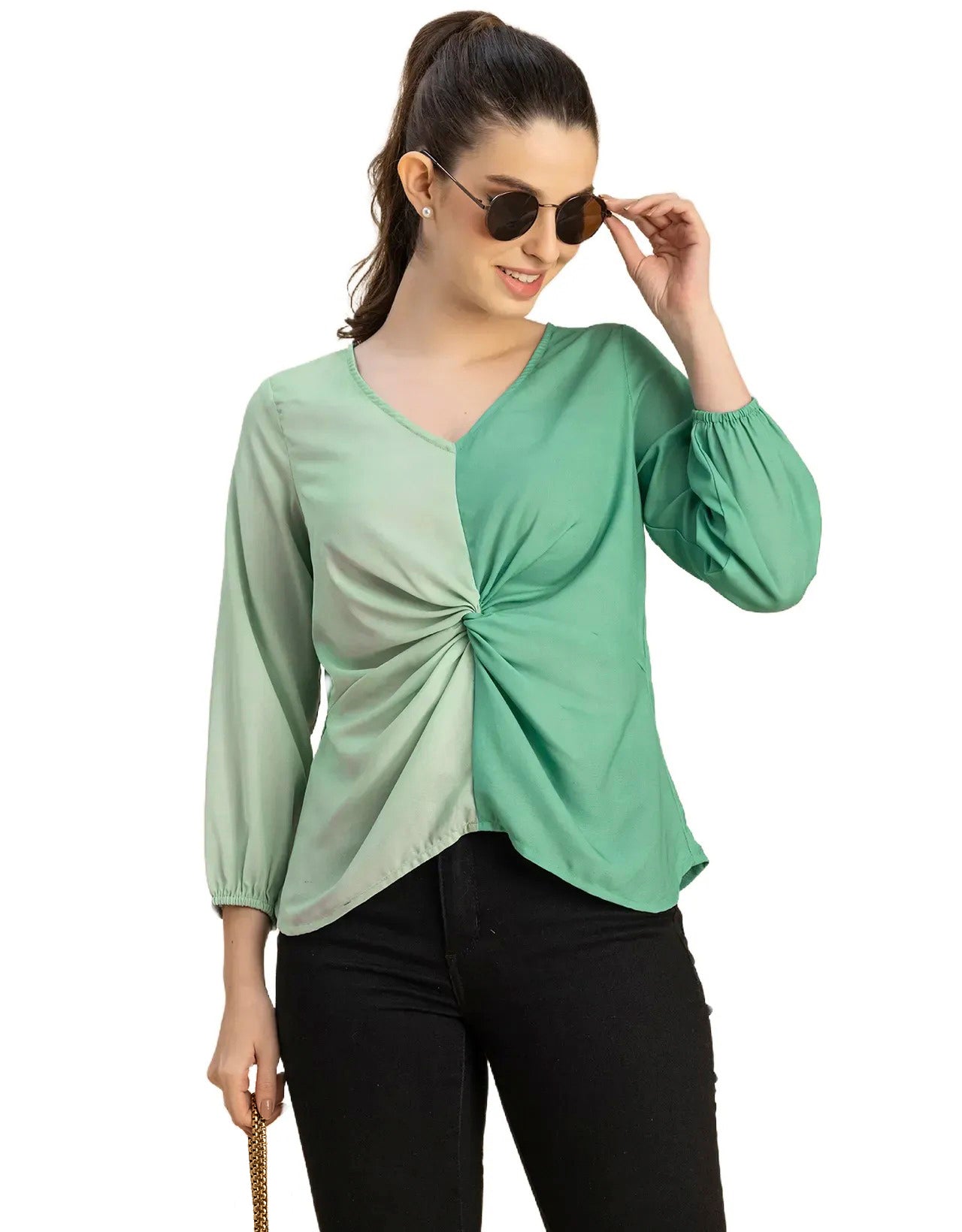 quarter sleeve V Neck Solid Georgette Top